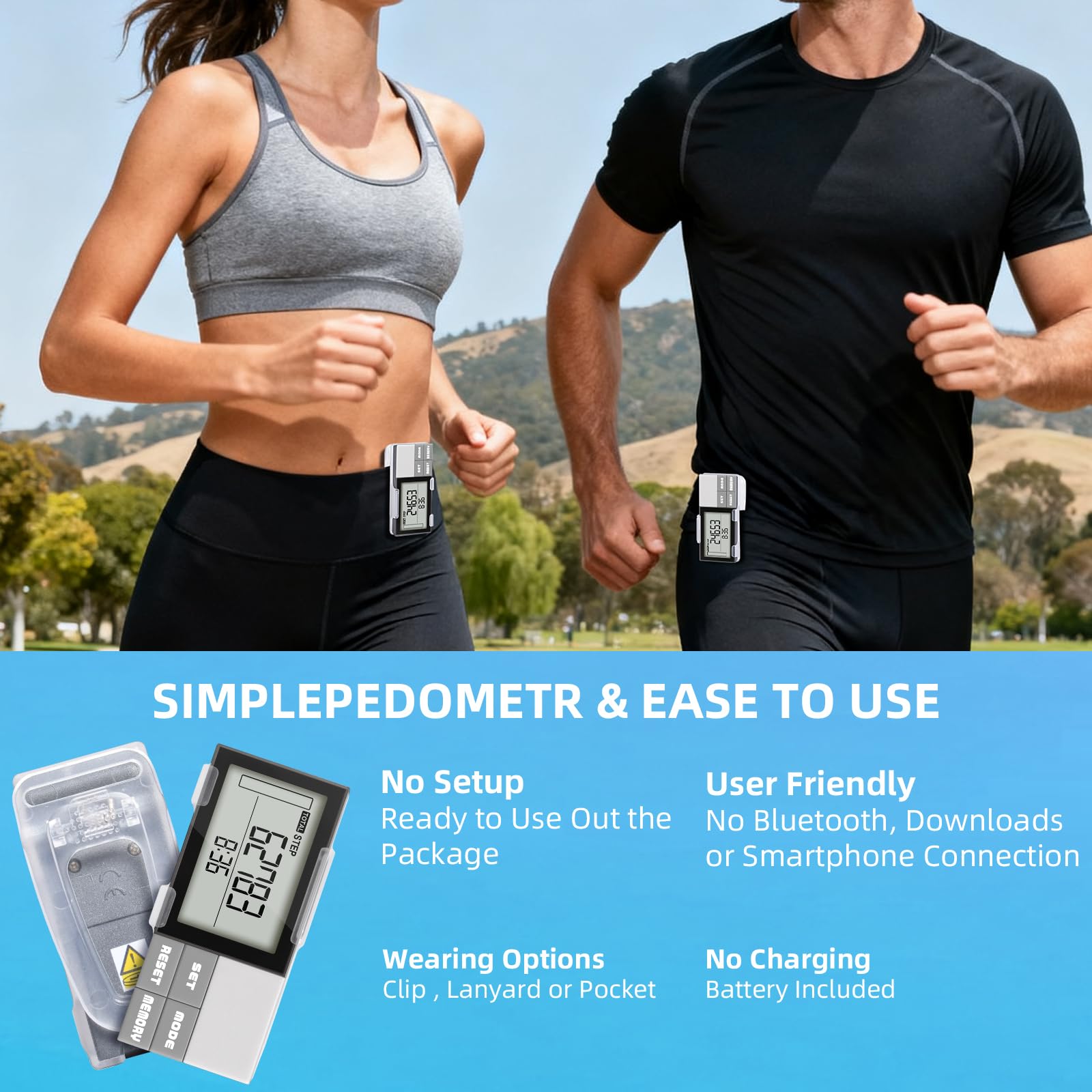 Podomètre pour marcher des pas et des kilomètres, podomètre 3D simple pour la marche, compteur de pas précis et suivi de pas avec clip/cordon, suivi des pas, des kilomètres et des calories, grand