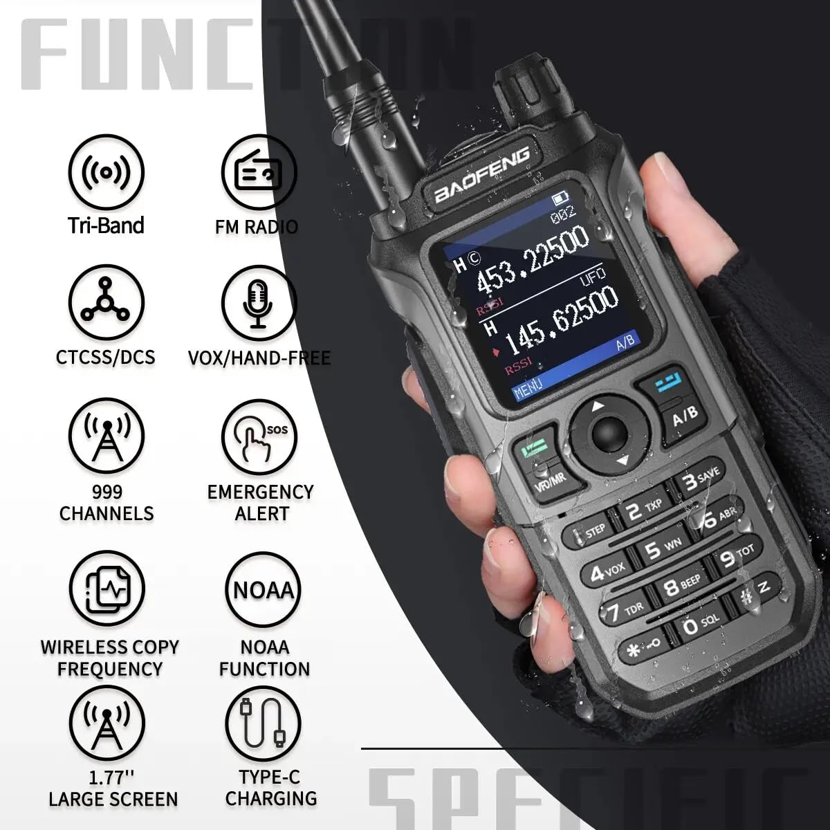 UV-21E Walkie Talkie de Largo Alcance,Compatible Baofeng Impermeable con Cargador Tipo-C, 144-146/430-440 16 KM de Alcance (Gris Oscuro)
