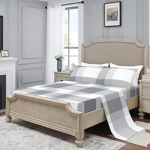 Miniatura 7 de YIYEA Juego de sábanas de lujo de 1800 hilos de microfibra de doble cepillado a cuadros para cama de tamaño Queen, extra suaves, bolsillo profundo,