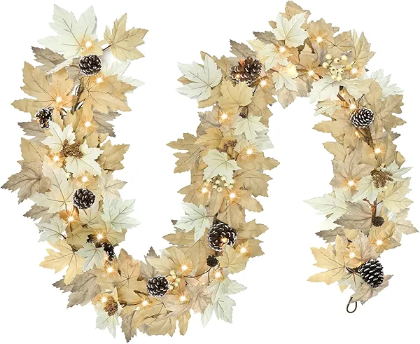 6 FT Realistic Fall Garland with Lights Timer Function Fall Leaves Maple Garland with Berries Pine Cones Autumn Automatic Fall Decorations for Home Mantle Fireplace Porch Table Decor
