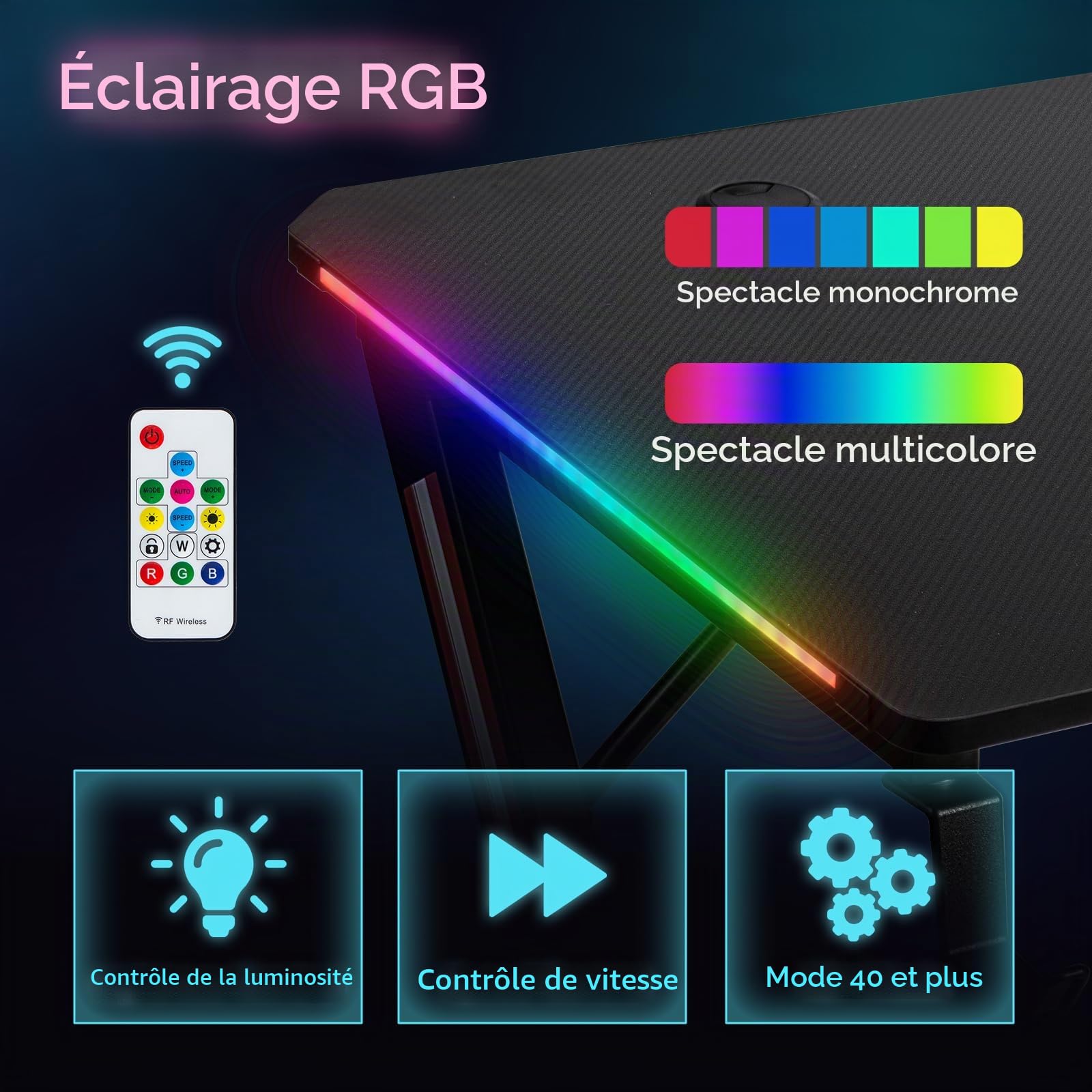 Todeco Bureau Gaming LED, Grand Bureau Gamer, 140 × 60 cm