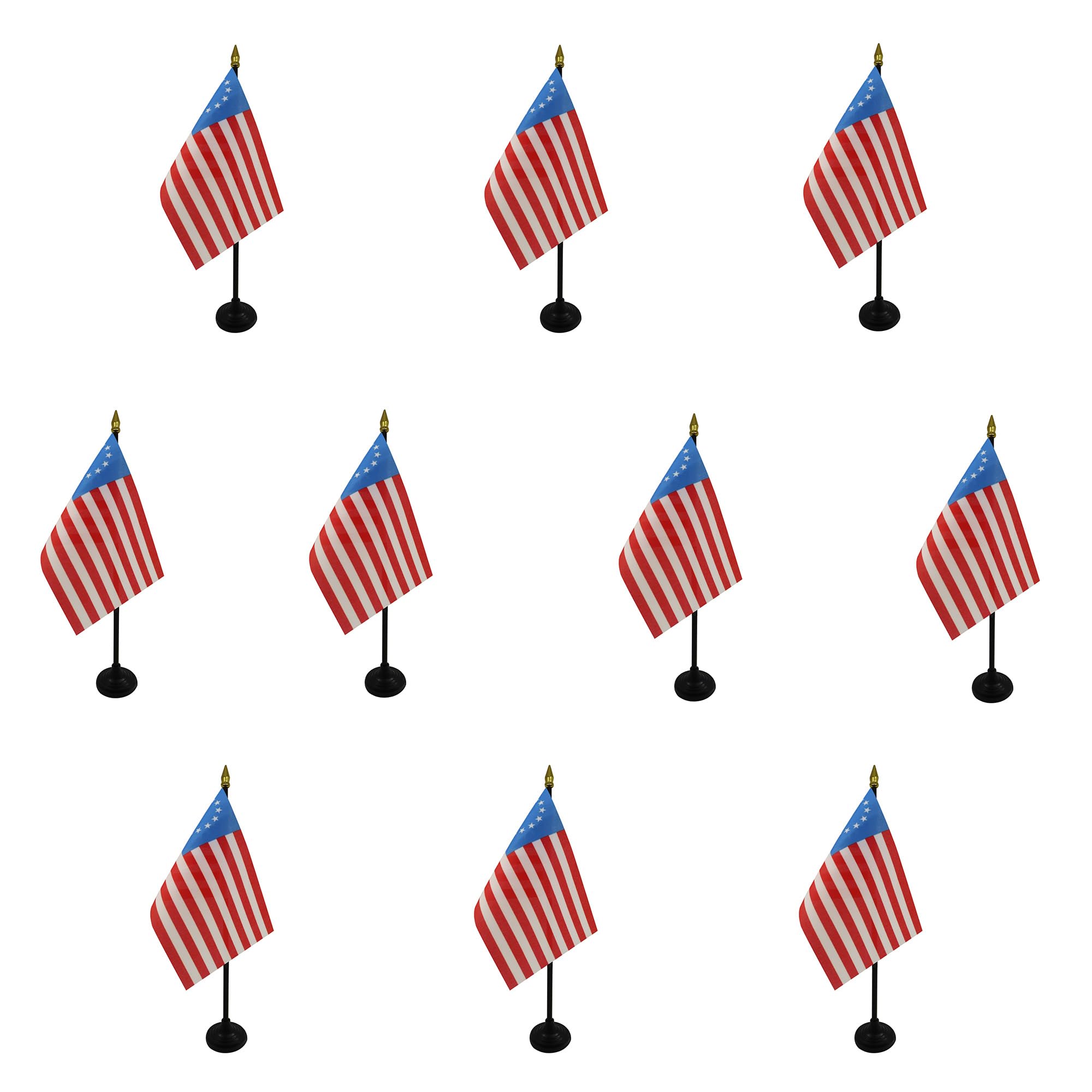 AZ FLAG - Set of 10 Betsy Ross US Table Flag 4'' x 6'' - 10 Small United States of America Mini Desk Flags 100% Polyester 15 x 10 cm - Office Flag with 10'' Pole - Golden Spear