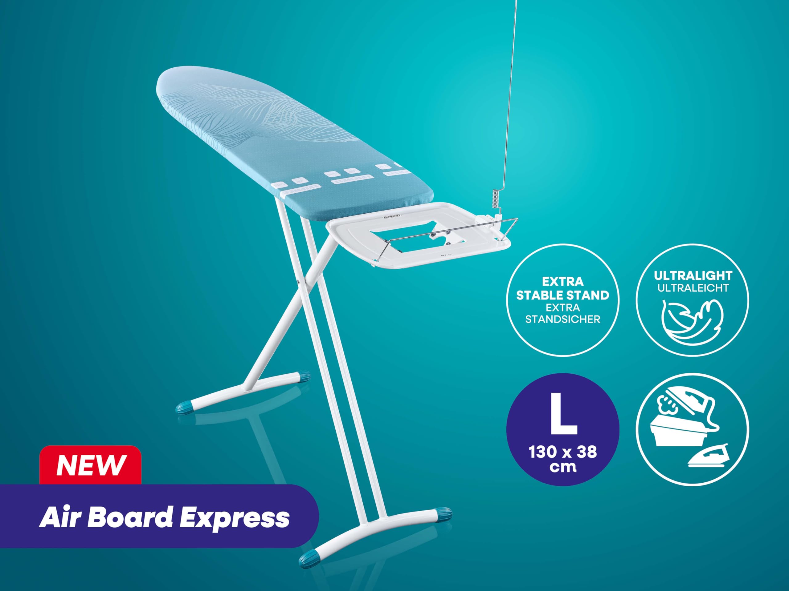 Leifheit Bügeltisch Air Board Express L Solid, Bügelfläche 130 x 38 cm, Bügelbrett höhenverstellbar 76 - 100 cm, geeignet für Dampfstationen, perforierte Baumwolle, aus Spezial-Kunststoff