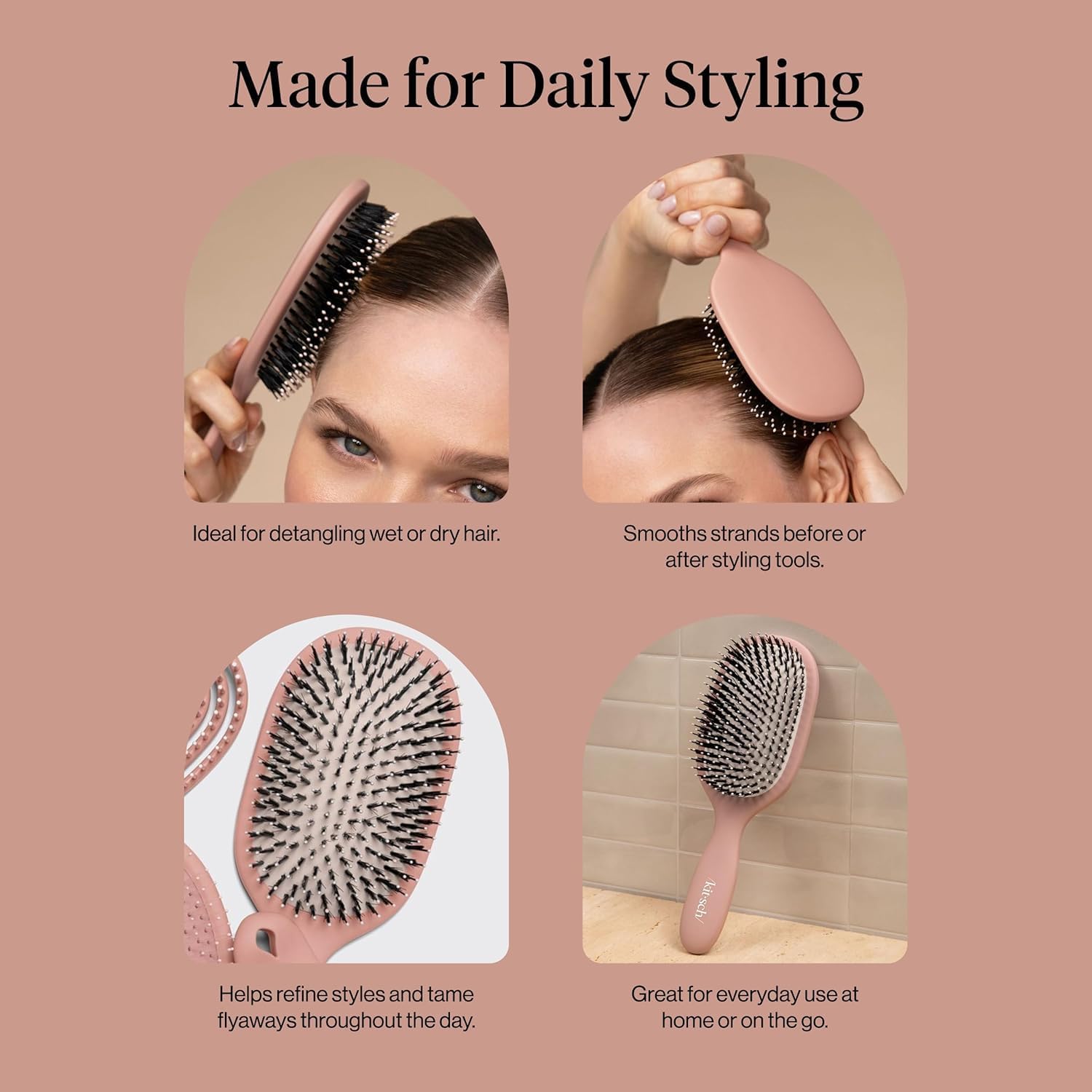 Kitsch Smooth & Polish Brush - Dual Bristle Detangler Brush, Shine & Frizz Control - Vegan Boar & Nylon Hair Brush with Cushioned Pad for Scalp Massage - Hair Care Tool for All Hair Types - Terracotta