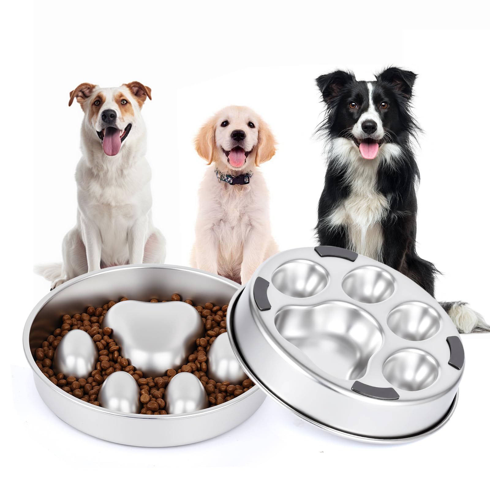 Slow Feeder Dog Bowls Stainless Steel with Non-Slip Silicone Base Metal Bowl 2 Cups Heavy Duty Large Capacity Slow Feed for Small, Medium, Large Breed Dogs to Slow Down Eating