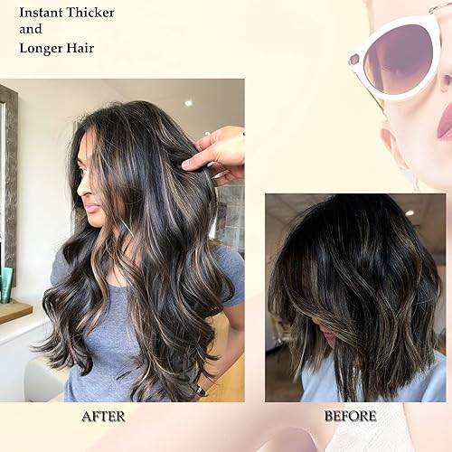 Miniatura 5 de Extensiones de cabello humano brasileño sin costuras con clip, color negro natural degradado que se desvanece a castaño castaño, extensiones de