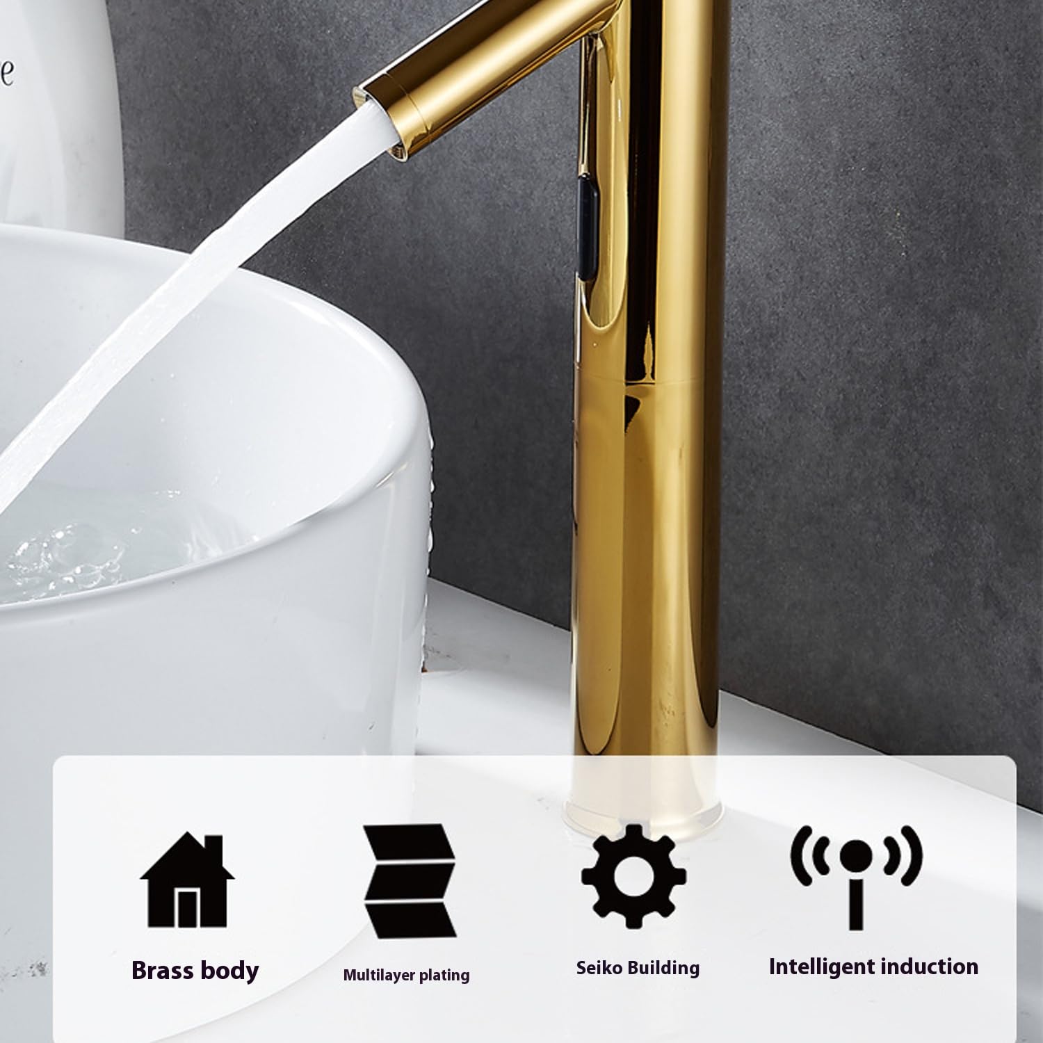 Genérico Grifos de Sensor automático para Lavabo de baño, Grifo Mezclador sin Contacto con Control de Agua Caliente y fría, grifos de Lavabo Alto con Acabado Dorado