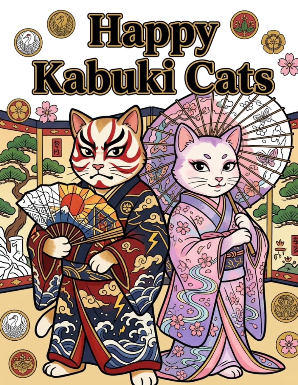 Happy Kabuki Cats: Bold-Line Coloring Adventures with Delightful Feline Performers