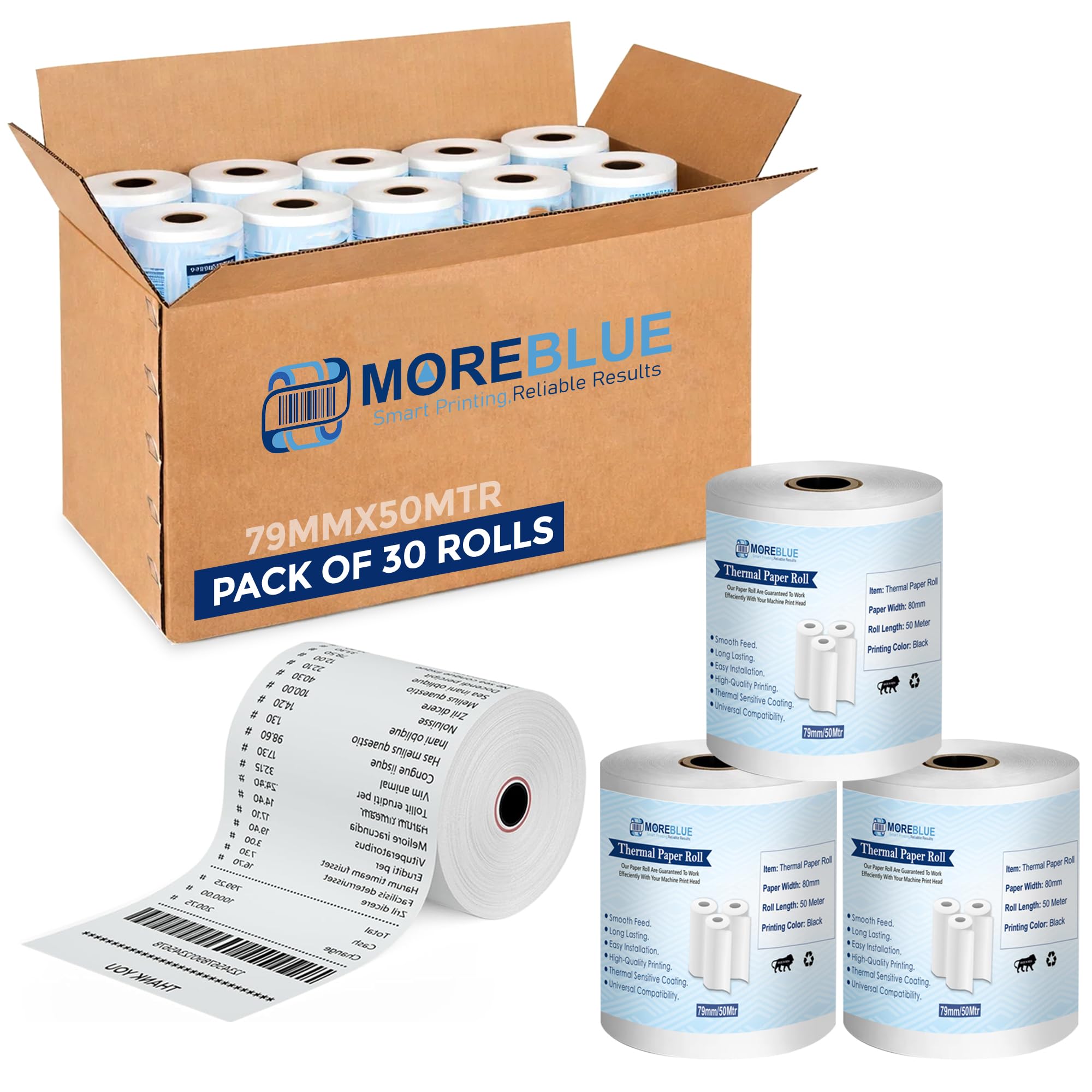 MOREBLUE® Thermal Paper Roll 3 Inch (79mm x 25m, 55 GSM) | Ink-Free Receipt Paper for POS, Billing Machine, Credit Card Machine & Thermal Printer Pack 30
