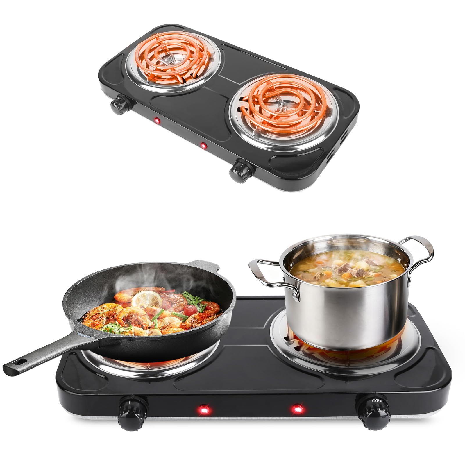 2000W Electric Double Burner Hot Plate, Portable Stove 6" Coil Heating