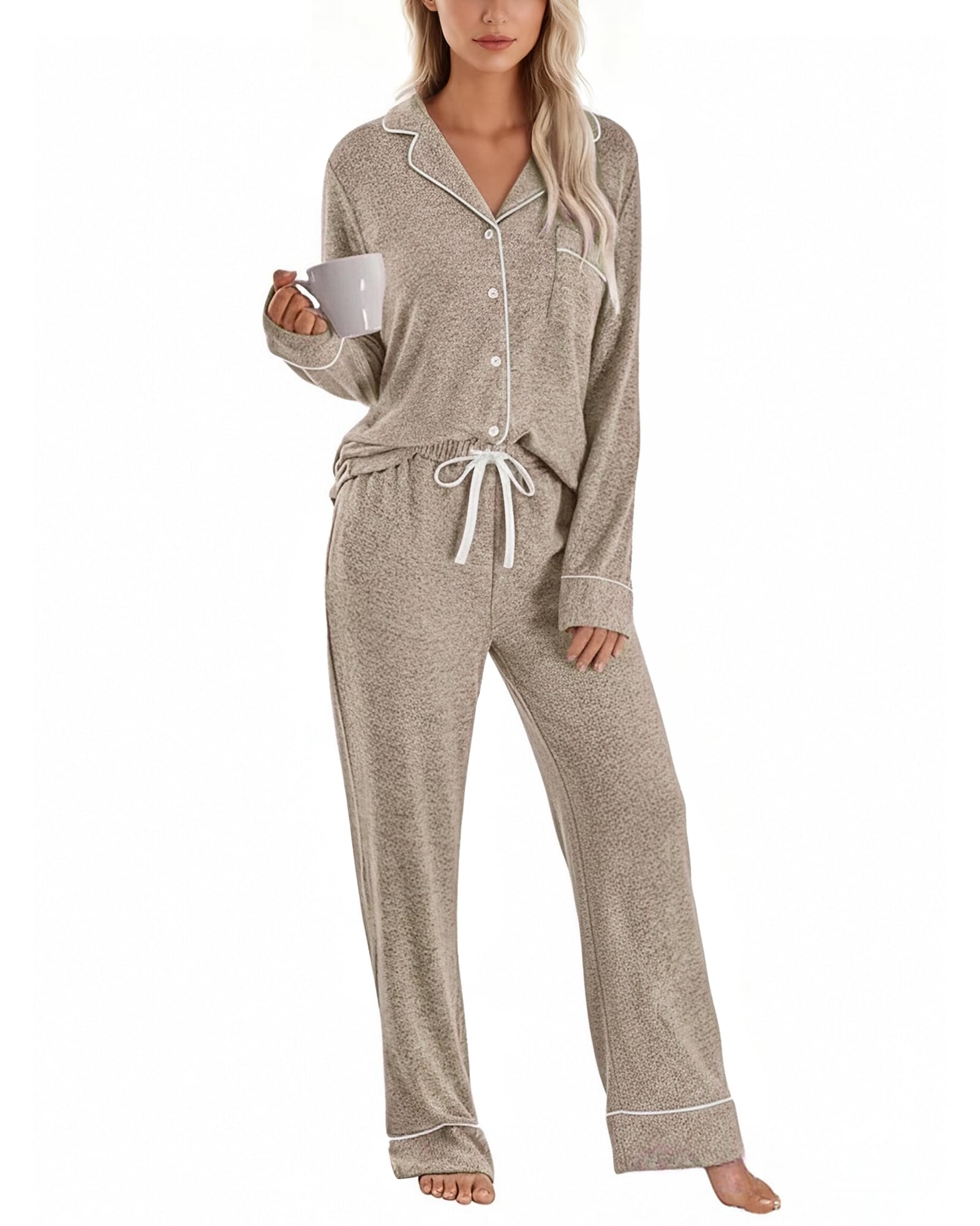 Womens Pajama Sets Long Sleeve Soft Cozy Button Down Top Drawstring Pants with Pockets 2 Piece Lounge Pjs