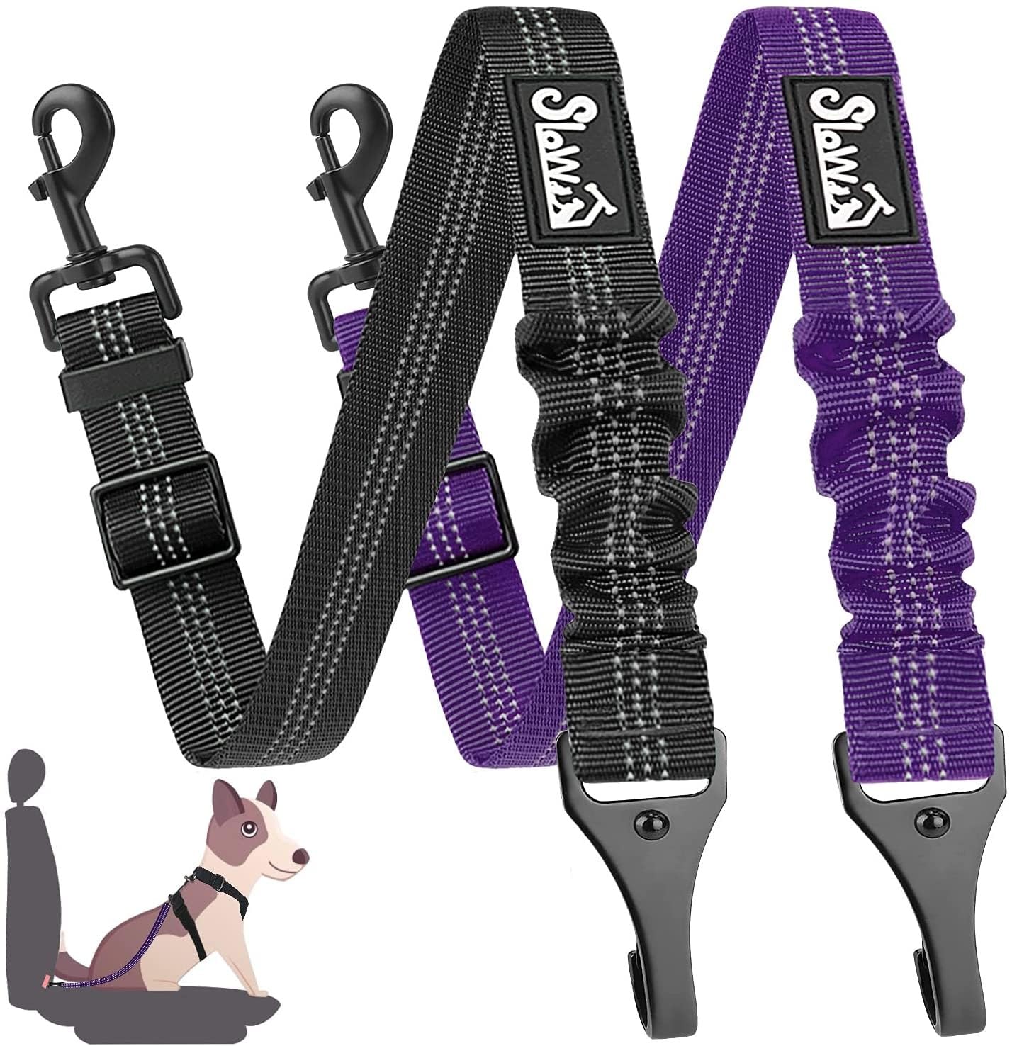 SlowTon 2 Cinturón de Seguridad de Coche para Perros, Ajustable, 2 Paquetes de Correas de Seguridad para Perros Pequeños, Medianos y Grandes, Cinturón de Seguridad Elástico