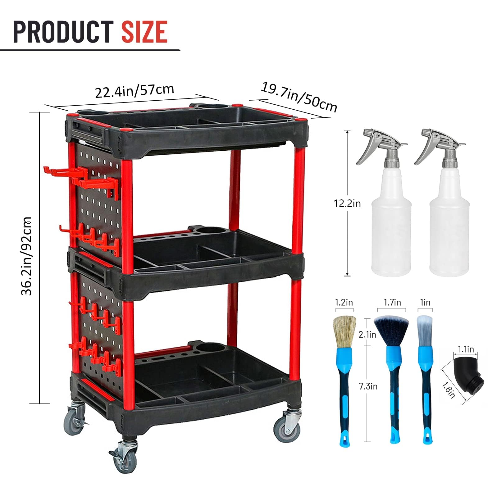 Carrito rodante de 3 niveles con placas laterales para colgar, ganchos, cepillo de limpieza y botella de spray, organizador de herramientas de lavado de coche para reparaciones y encerado