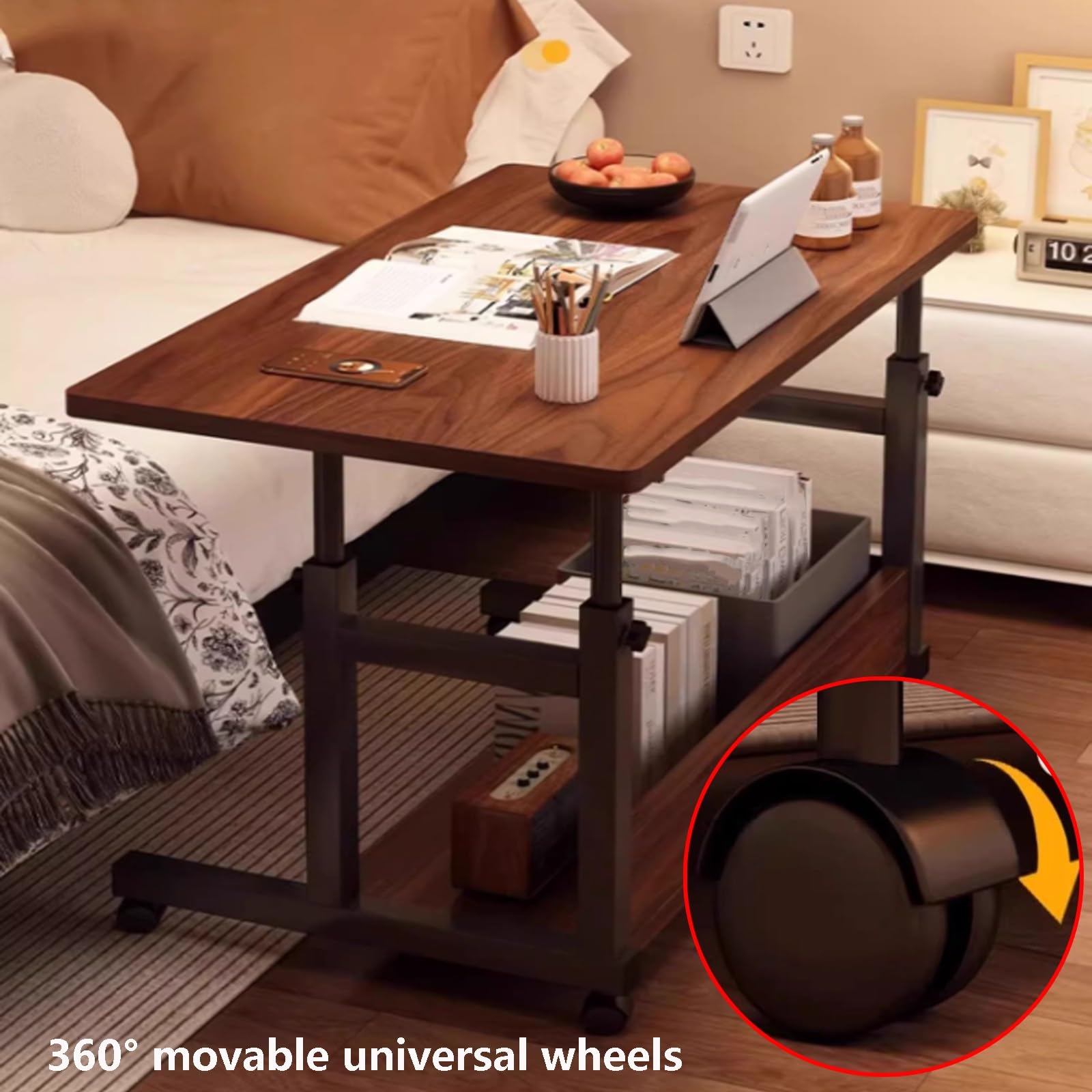 Mesa auxiliar móvil con ruedas, mesas auxiliares de 2 niveles, 50 cm de ancho, altura ajustable de 63 a 85 cm, marco de metal, mesas de sofá para laptop, aperitivos, libros