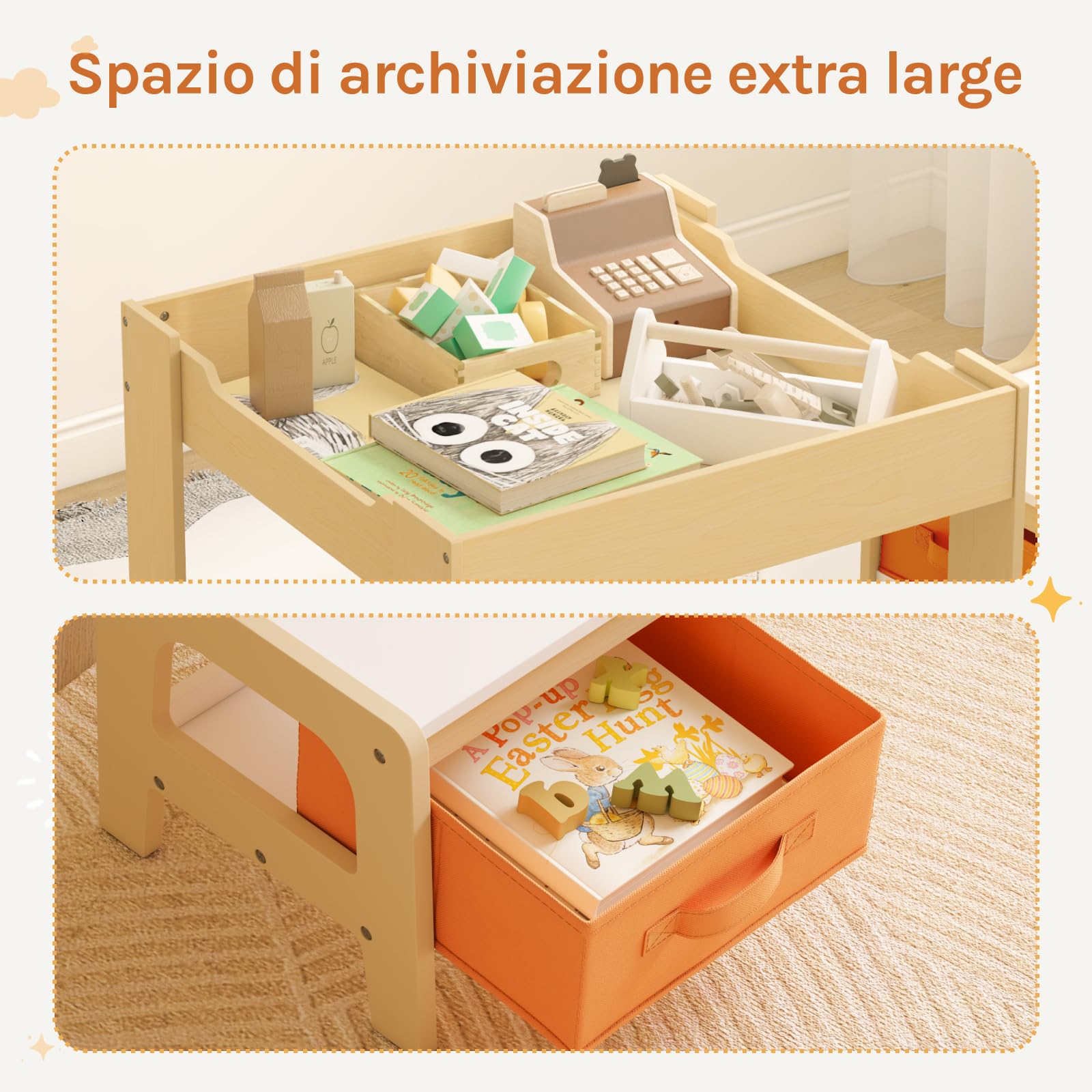 WOLTU Set Mobili con Lavagna Contenitore Tavolo e Sedie per Bambini Soggiorno Tavolino con 2 Sgabelli in Legno