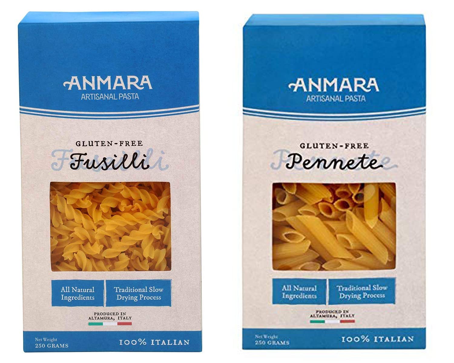 Anmara Artisanal Pasta, Combo Pack of Gluten Free Fusilli 250g and Pennete 250g Pack of 2