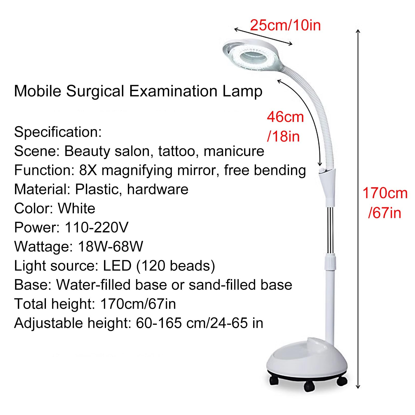 Lampe d'Examen Chirurgicale Mobile, Lampe Chirurgicale Flexible À Col de Cygne avec Loupe 8X, Luminosité Réglable en Hauteur pour Consultation Externe