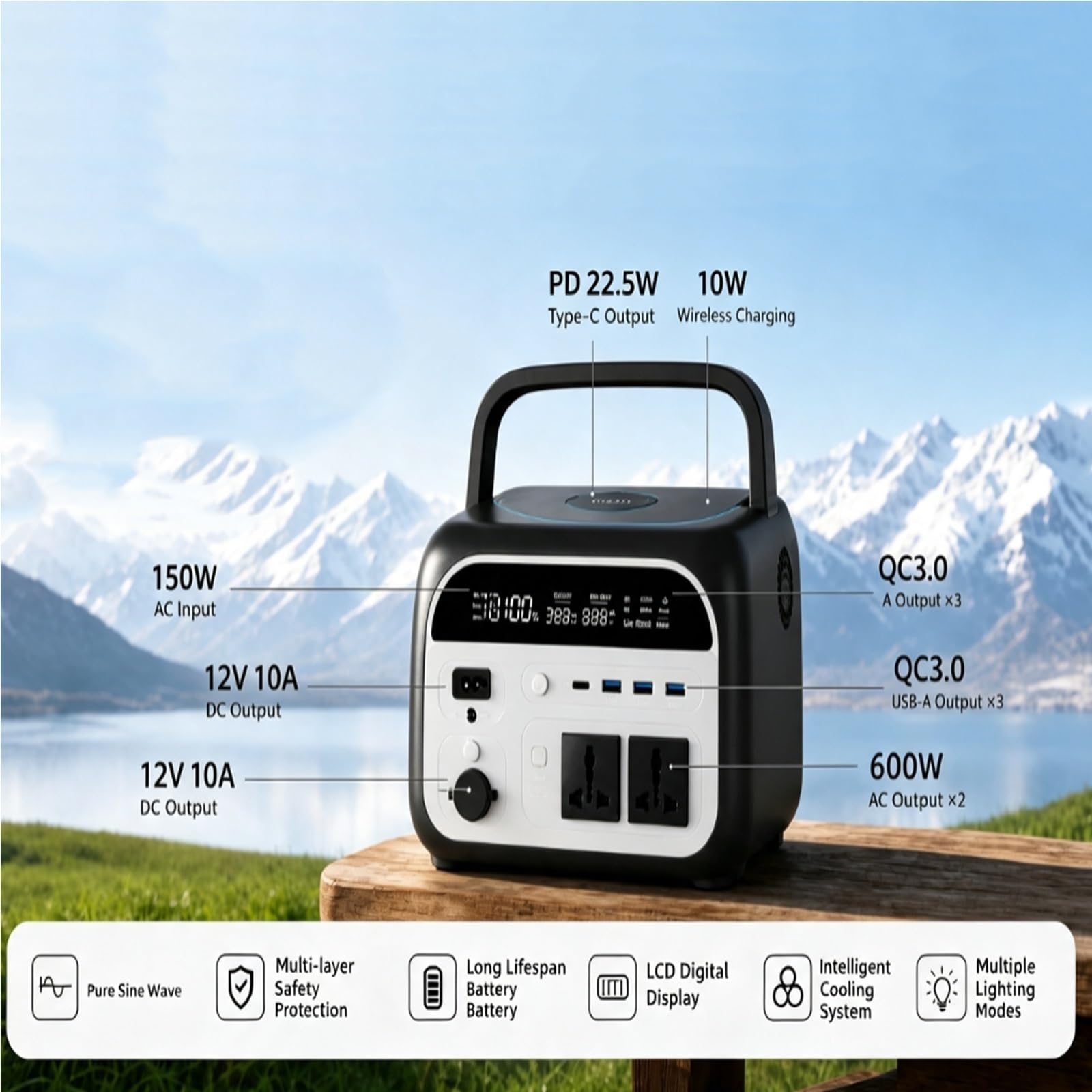 Stazione di alimentazione portatile compatta500W,Generatore solare 345.1Wh | Con MPPT & ricarica wireless, porte multiple per campeggio e alimentazione di emergenza(220V EU Plug)
