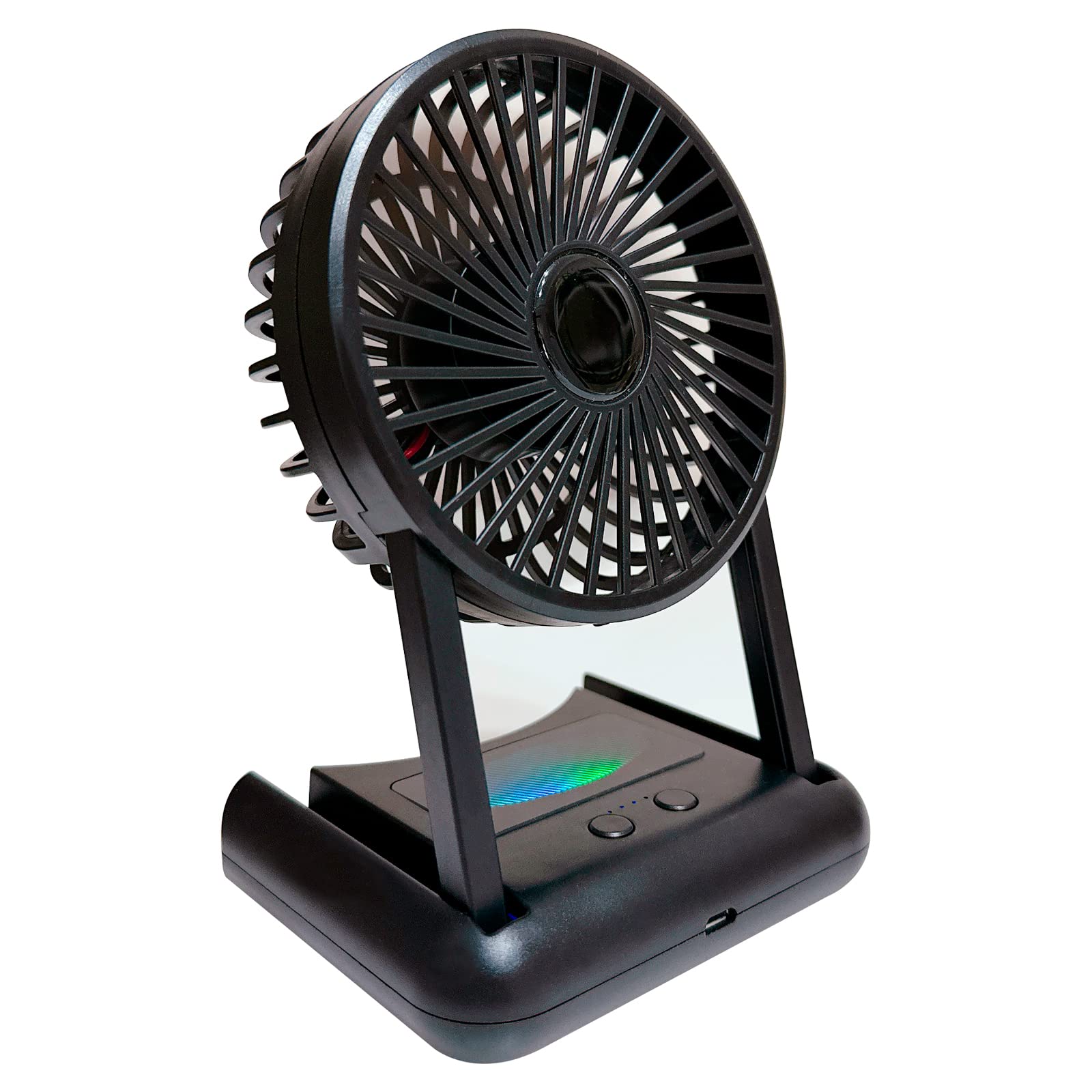 G-WILL 1800mAh Battery Operated Fan (Black), USB Rechargeable Personal Portable Desk Fan, Colourful Non-glare Night Light, 3 speeds, Mini Foldable Handheld Fan, for Home, Office, Camping & Travel