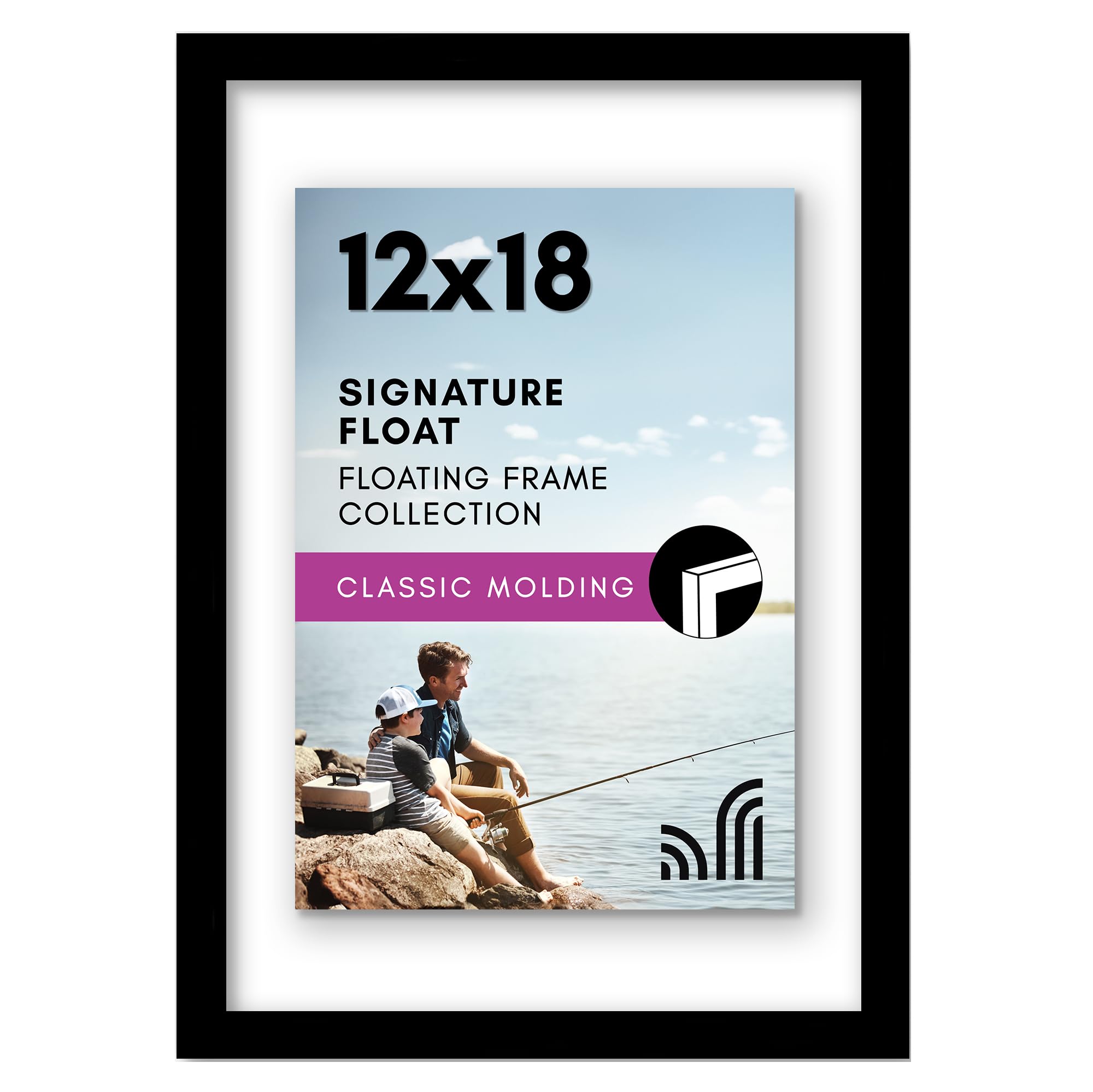 Americanflat 12x18 Floating Picture Frame with Polished Crystal-Clear Glass - Use as 8x10 Picture Frame or Display 5x7 Photo - Signature Float Collection - Photo Frames for Wall Display - Black