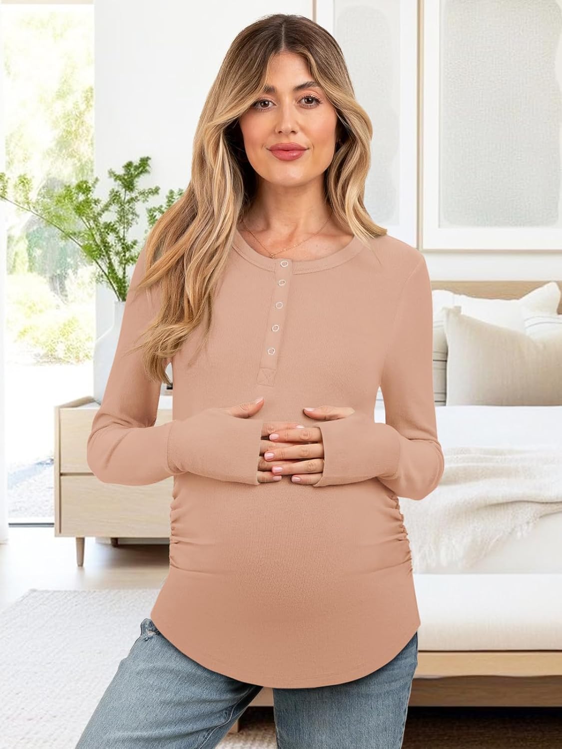 Women's Maternity Shirts Casual Long Sleeve Round Neck Button Side Ruched Pregnancy Clothes S-XXL - Image 2