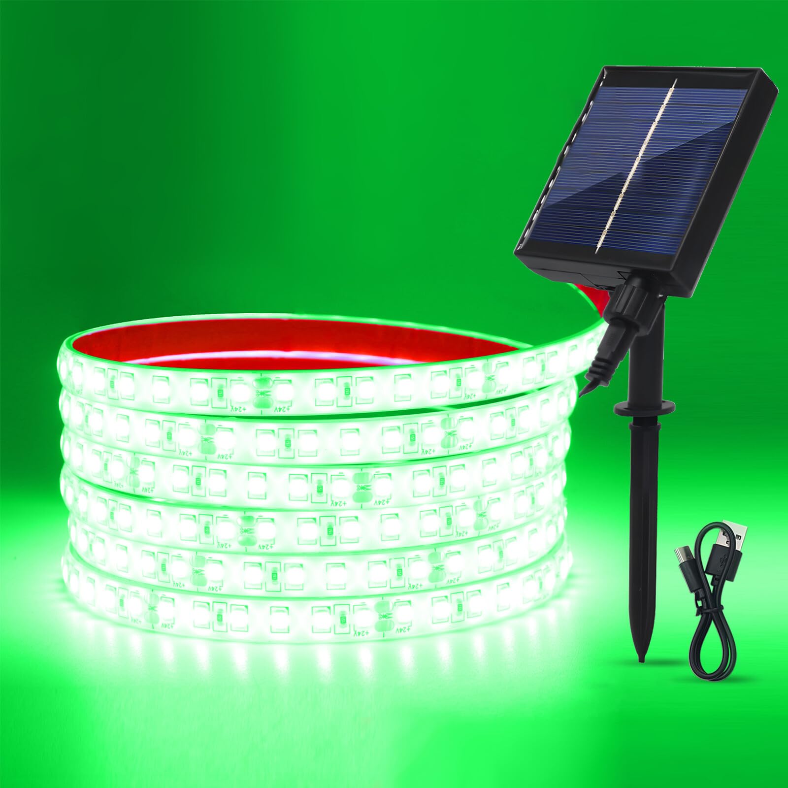 GQL 24V Solar/USB LED Strip Lights - IP68 Waterproof 2835 SMD 120LEDs/m, 8-Mode Controller for Indoor Outdoor Decoration (Green,1m) — image 1