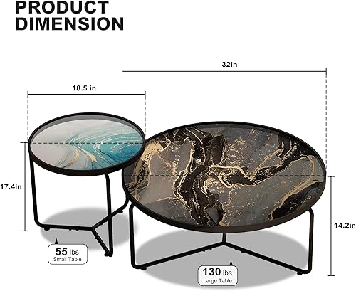 Miniatura 2 de HLR Juego de 2 mesas de centro redondas abstractas de cristal, mesa de centro moderna con marco de metal resistente, mesa de cóctel con bandeja