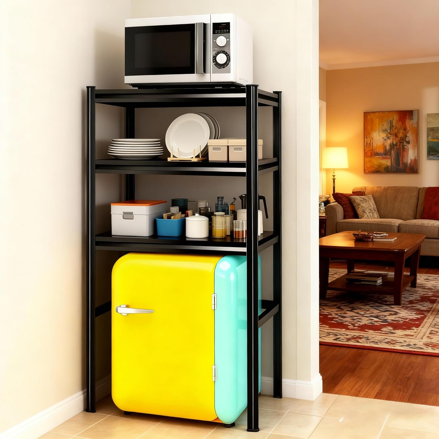 3-Tier Space Saving Refrigerator Shelf Organizer, Adjustable Metal Storage Rack with Double Column, 63" H Mini Fridge & Microwave Stand for Kitchen, Apartment, Black