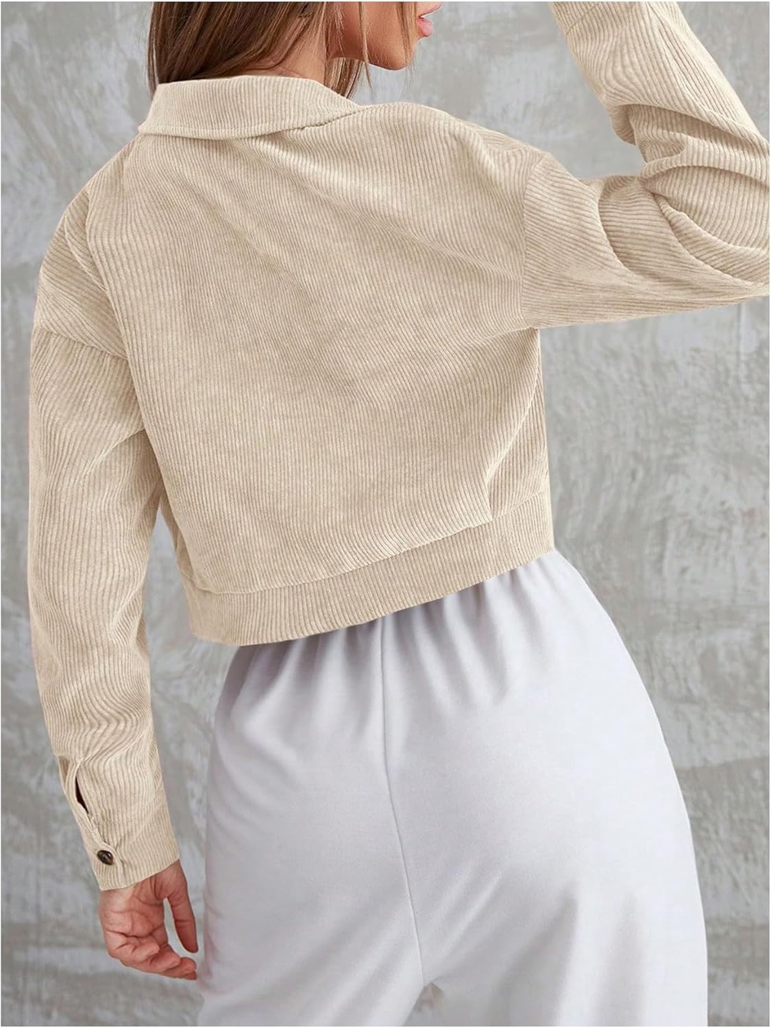 Verdusa Women's Corduroy Jacket Button Down Long Sleeve Drop Shoulder Crop Jacket Outwear - Image 2