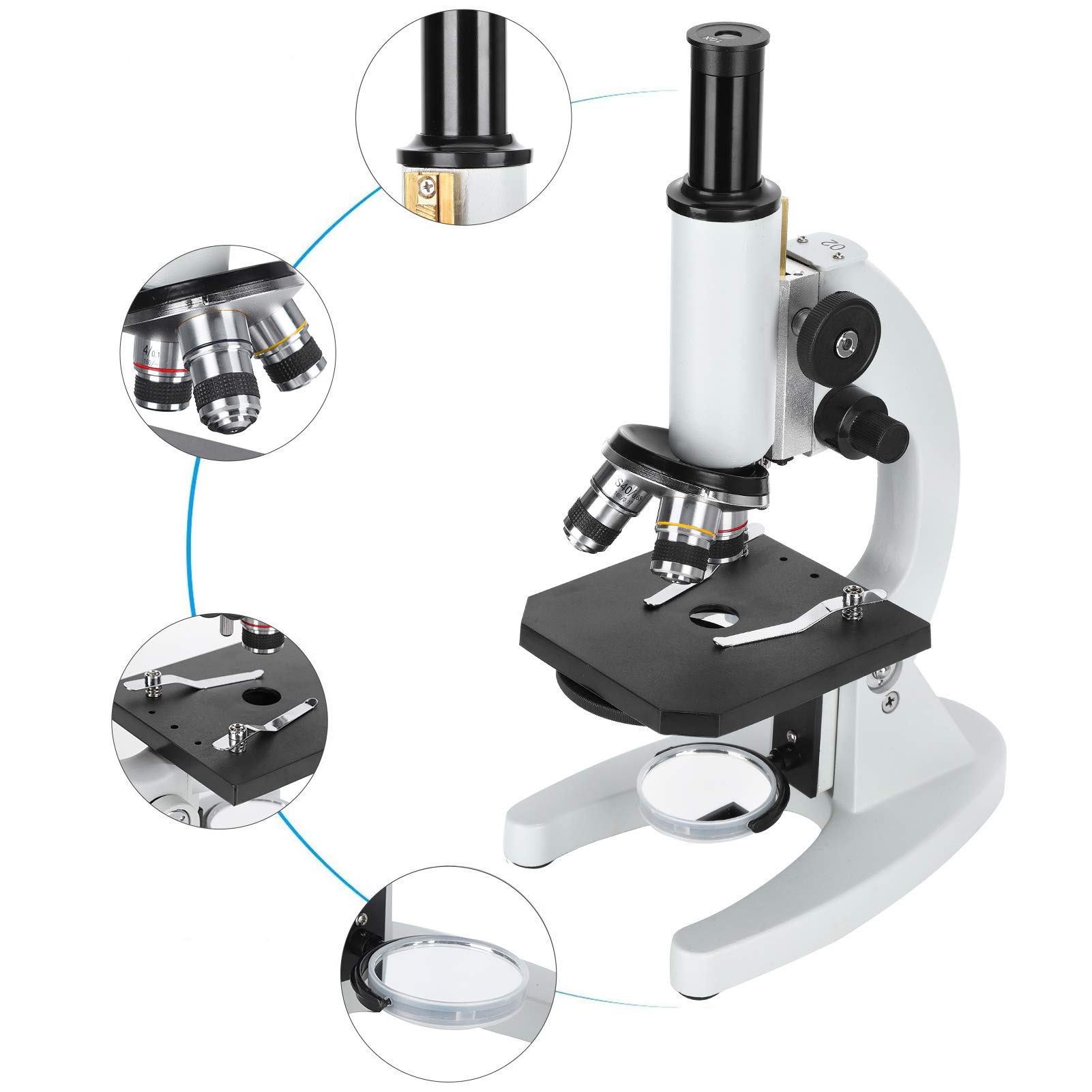 J02041 Microscopio 640X Herramienta educativa biológica Construcción de acero de grado profesional 33,8 cm de largo 19,8 cm de ancho para estudiantes Laboratorios de ciencia