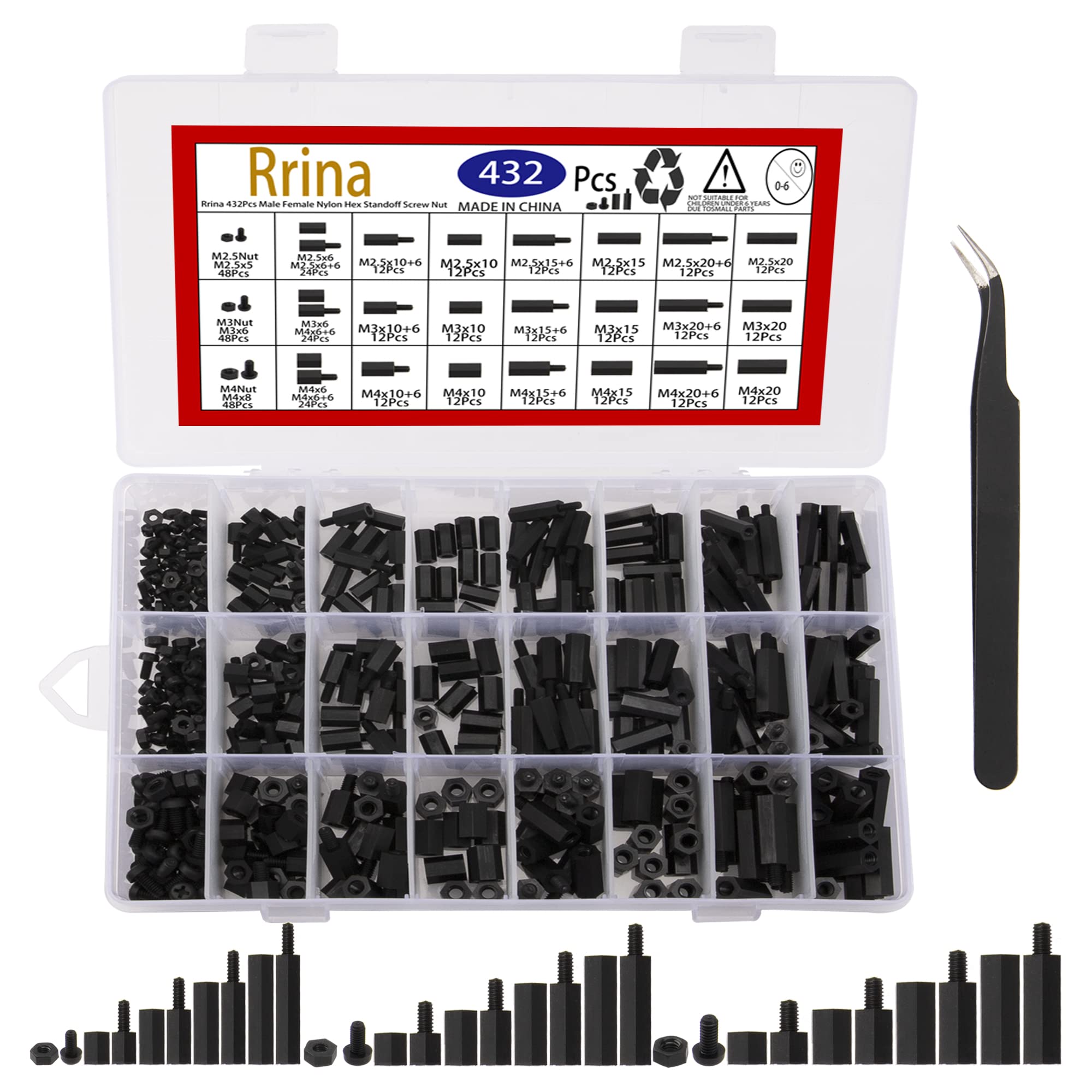 Rrina 432Pcs M2.5 M3 M4 Male Female Nylon Hex Standoff Screw Nut Threaded Pillar PCB Motherboard Assortment Kit