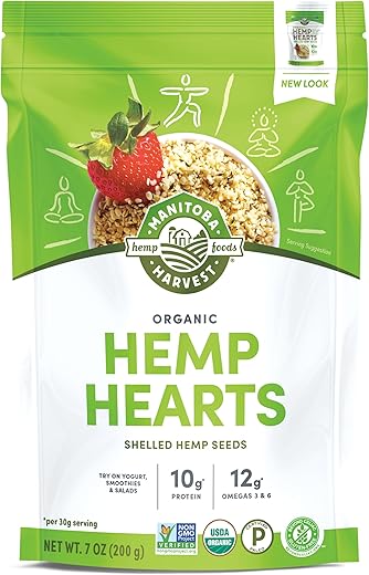 Manitoba Harvest Organic Hemp Hearts, Shelled Hemp Seeds - 7oz - 10g Plant Protein & 12g Omega 3 & 6 per 30g serving - Easy-to-Digest seeds with 9 Essential Amino Acids - Gluten Free, Vegan, Non-GMO