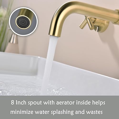 Miniatura 6 de Grifo de baño de montaje en pared dorado cepillado, grifo de fregadero de montaje en pared de 8 pulgadas con 2 manijas cruzadas y válvula áspera,