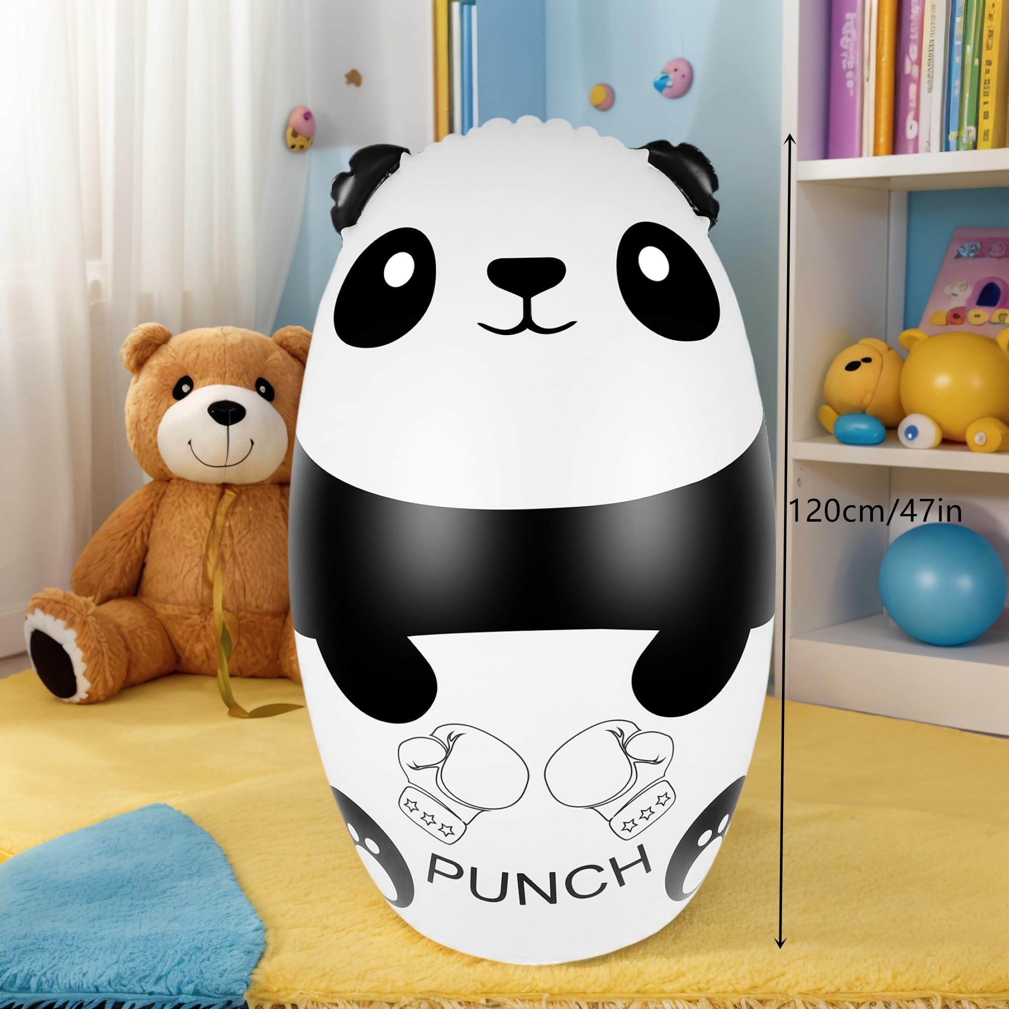 Sac de Boxe Enfant avec Gants de Boxe 120cm Lumineux Panda Gonflable Sac de Frappe avec Gants D'entraînement Jouet pour Enfants 3-9 Cadeau pour Garçons Filles(3xAAA Piles Non Incluses)