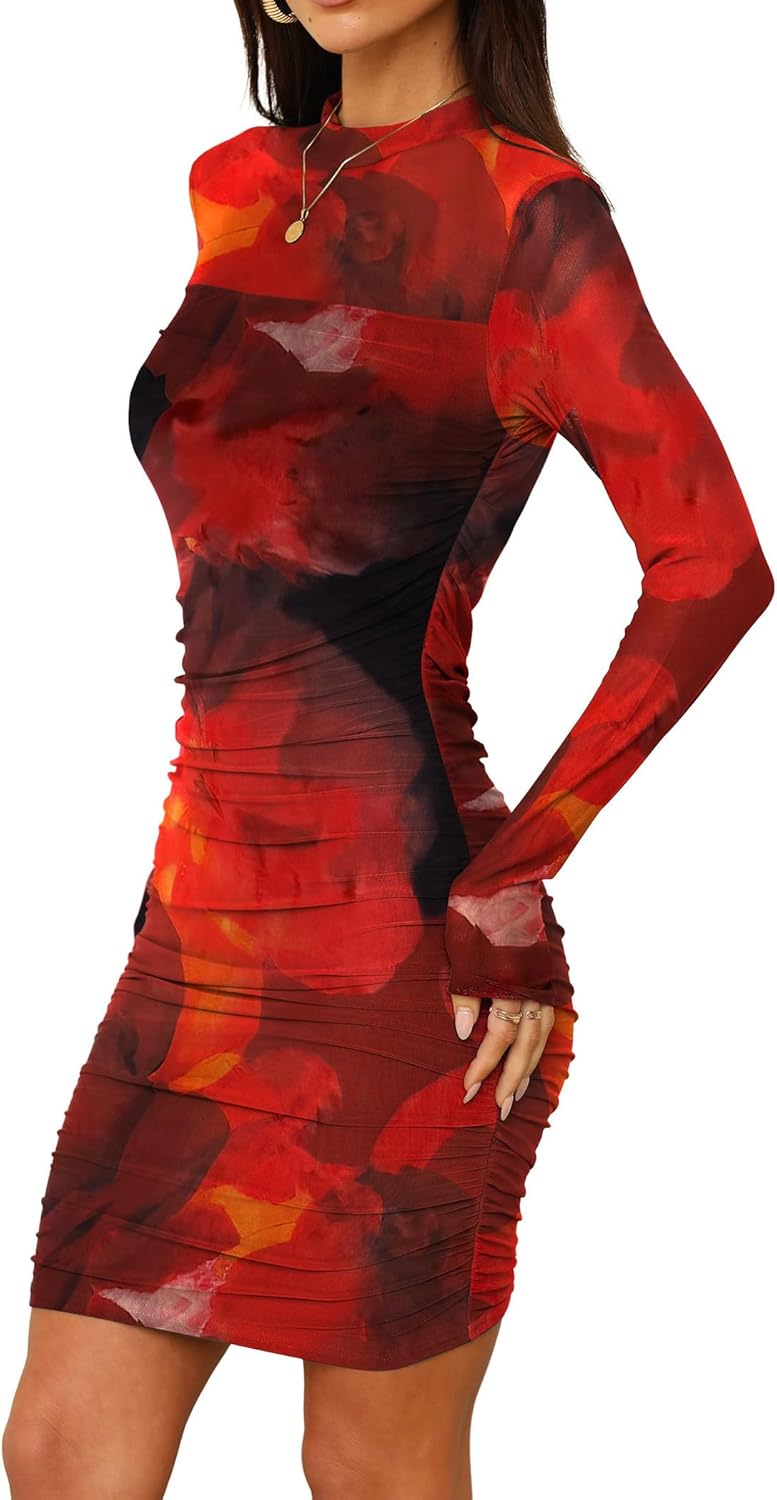 WIHOLL Women's Mesh Sheer Long Sleeve Ruched Mini Dress Sexy Bodycon Mock Neck Cocktail Party Club Spring Dresses 2026 - Image 4