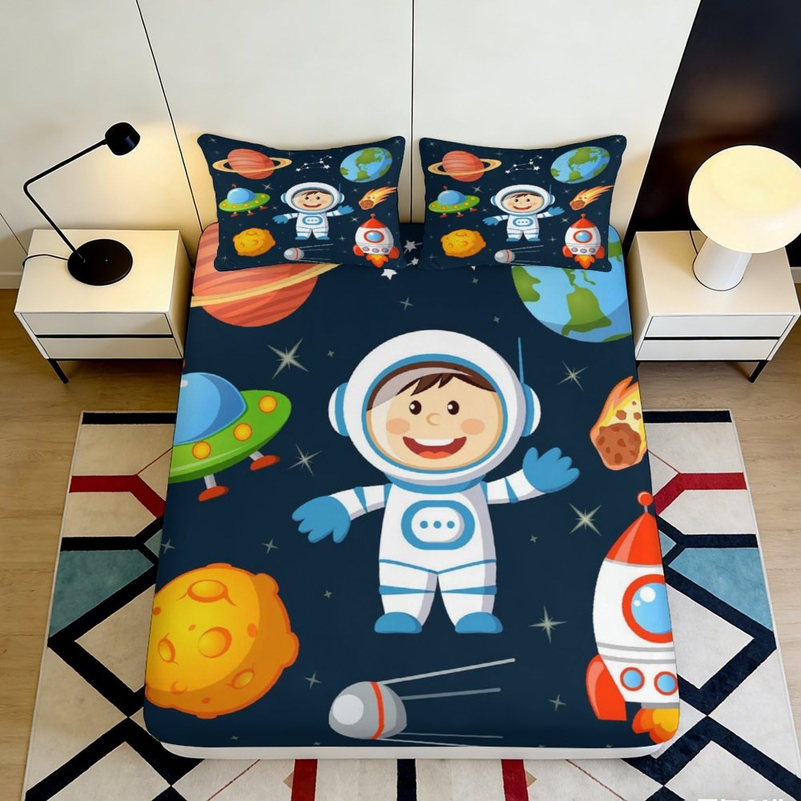 Jqzkxnhpbr Style-3 3D Printed Space Astronaut Fitted Sheet Microfiber Soft Breathable Planet Rocket Bed Cover For Bedroom Dorm Rental Decor 90X200x25cm