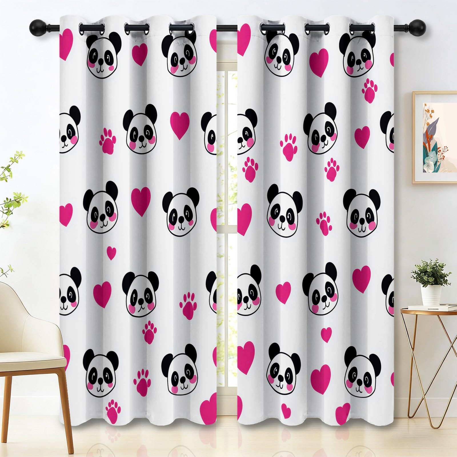 Generisch Cartoon Tier Verdunkelungsvorhänge mit Ösen, Panda Herz Pfotenabdruck Bedruckte Weiß Waschbarer Vorhänge, Privatsphäre Schützende Vorhang für Schlafzimmer Wohnzimmer, H215 x B110 cm