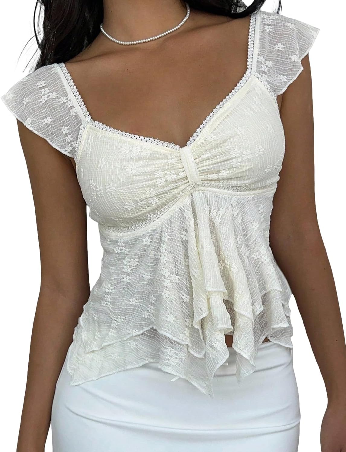 BAIGRAM Women Y2K Ruffle Flowy Peplum Babydoll Crop Tank Cute Sheer Floral Lace Sweetheart Neck Tops Tiered Going Out Shirt