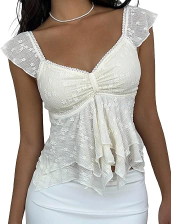 Cioatin Women Sleeveless Y2K Sheer Floral Lace Ruffle Peplum Babydoll Crop Tank Tops Sweetheart Neck Ruched Shirt Going Out