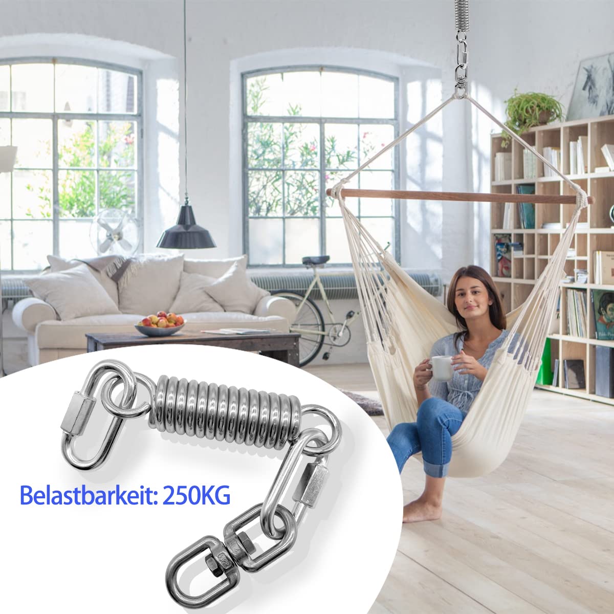 Ressort Suspension Avec 2 Mousquetons Et émerillon 360° – Pour Hamac, Chaise Suspendue, Yoga Aérien – Charge 250 Kg