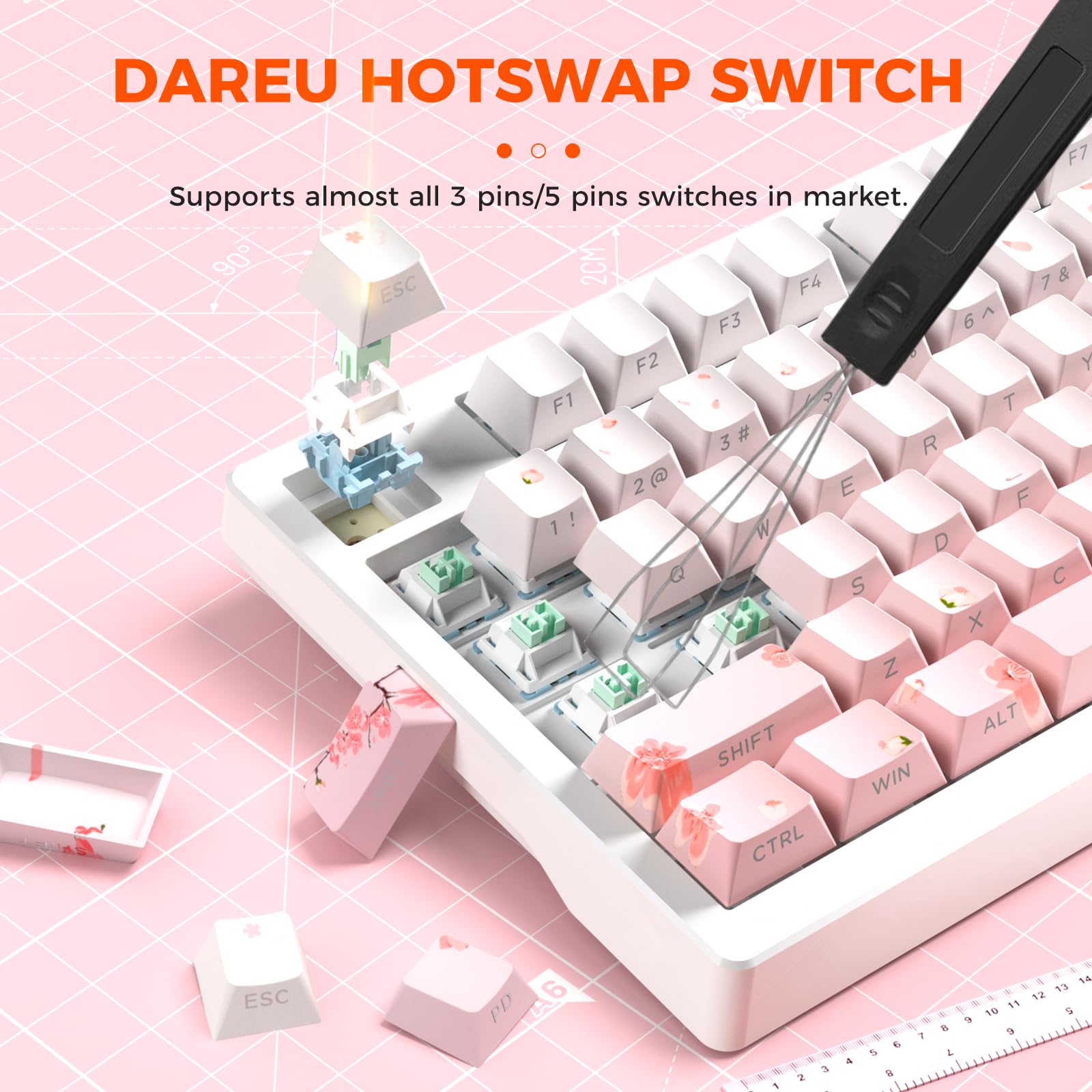 DAREU EK75PRO Sakura Pink Gaming Tastatur Kabellos, 75% RGB Hot Swap Mechanische Tastatur mit Knopf, 2.4Ghz/BT5.1/USB-C, Gasket Mount, Side-Engraved PBT Tastenkappen,Linear Cloud Switch,QWERTY