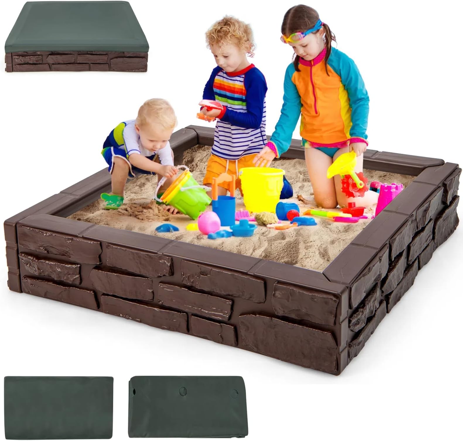 HONEY JOY Sandbox with Cover, 47 x 47 Inch Square Sand Pit for Backyard, Bottom Drainage Oxford Liner, HDPE Playful All Weather Resistant Sand Boxes for Kids Outdoor with Lid (Brown)