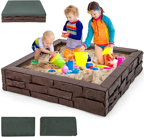 HONEY JOY Caja de arena con cubierta, estación de juego cuadrada de 47 x 47 pulgadas para patio trasero, forro Oxford de drenaje inferior, cajas de