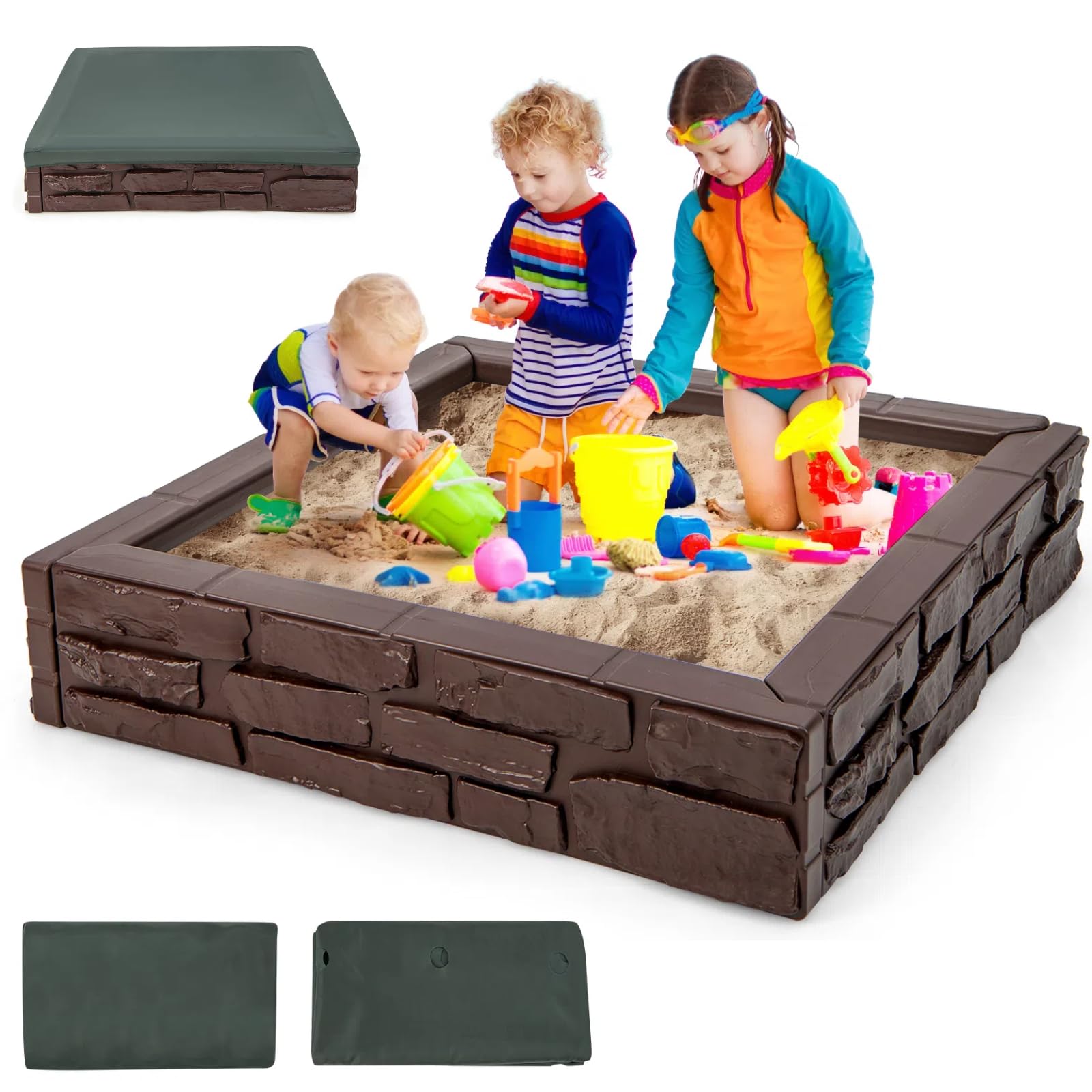 HONEY JOY Sandbox with Cover, 47 x 47 Inch Square Sand Pit for Backyard, Bottom Drainage Oxford Liner, HDPE Playful All Weather Resistant Sand Boxes for Kids Outdoor with Lid (Brown)