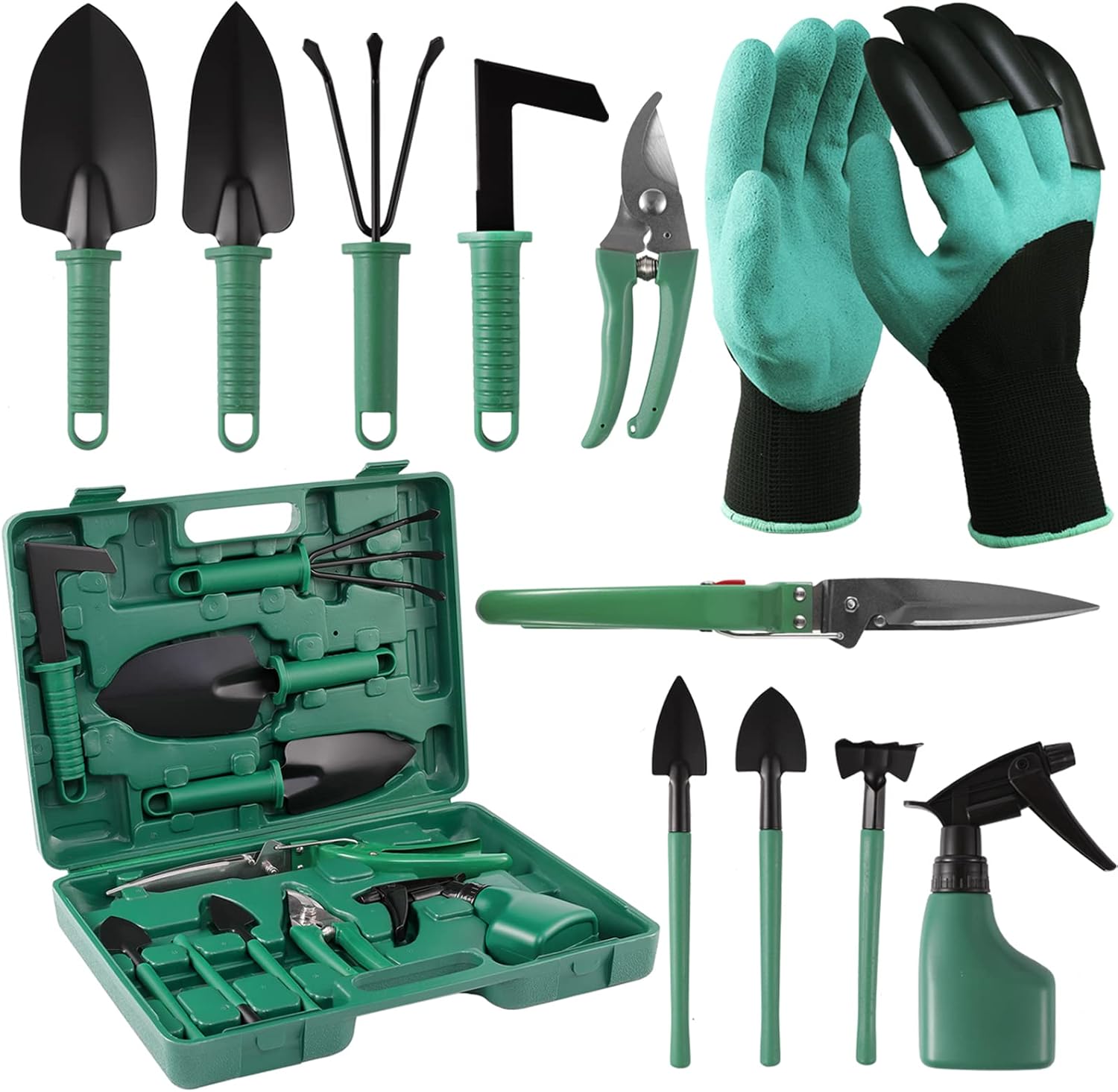 11 Pcs Garden Tools Set with Gloves, Heavy Duty Trowel Rake Weeder Pruner Shears Sprayer with Ergonomic Handle, Garden Hand Tools with Carrying Case Gardening Gifts for Women Men, Green