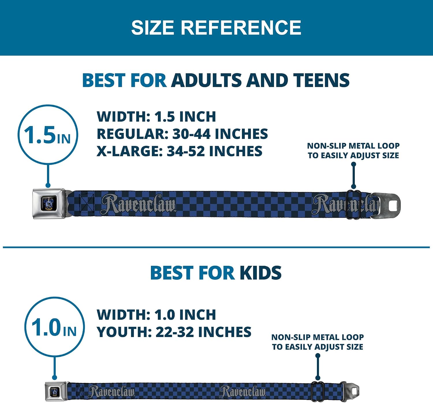 The Wizarding World of Harry Potter Belt, Seatbelt Buckle Belt, Harry Potter Ravenclaw Checker Blues Grays, Adjustable