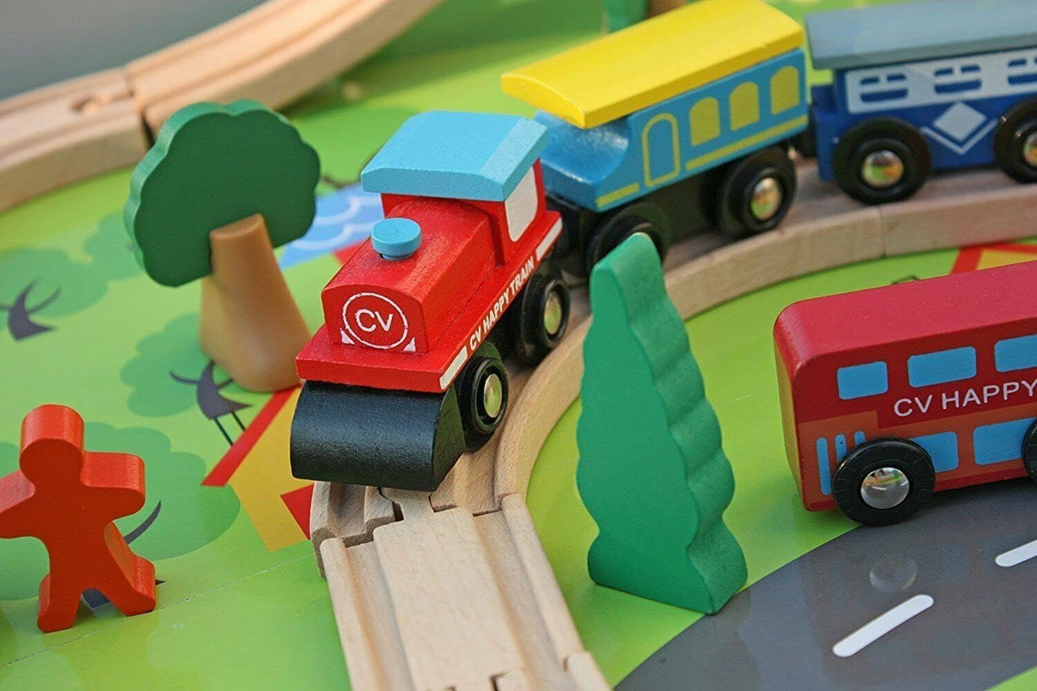 Wooden Train Toy Play Set, Toddlers Reversible Activity Table - 90 Multiple Pieces Tracks, Train, Railway, City Detachable Tabletop Kids Age 3+ Birthday Gift for Boys and Girls