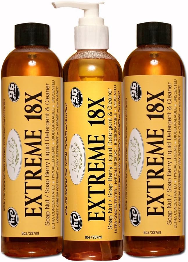 NaturOli EXTREME - (3 Pack) 18X Soap Berry Liquid Laundry Soap - All Natural Detergent And Cleaner - Highly-Concentrated, Sulfate-Free, Allergy-free, Unscented.
