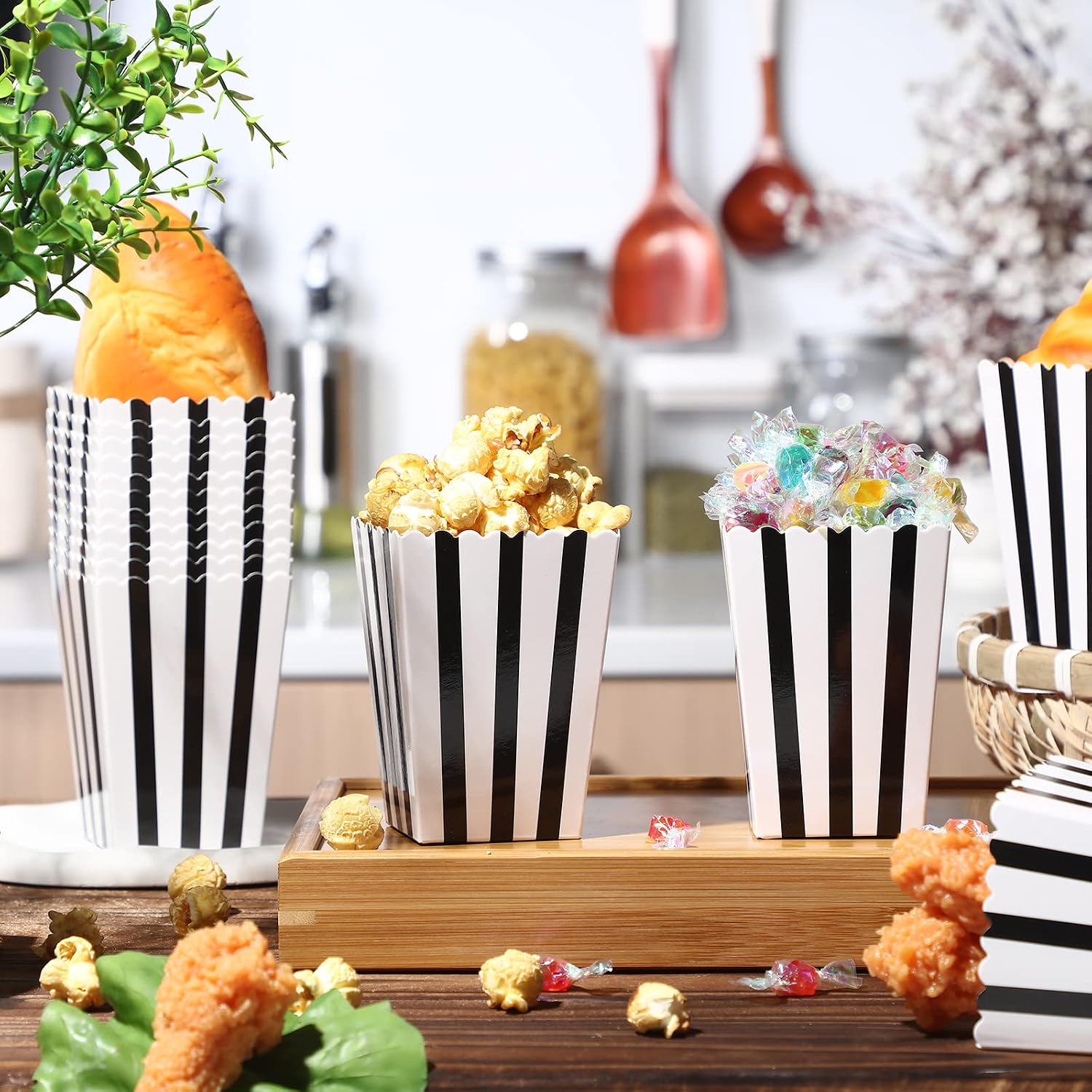 Meanplan 200 Pcs Popcorn Boxes Mini Paper Popcorn Holder Cardboard Snack Container for Party Disposable Snack Bags for Birthday Wedding Movie Theater Carnival, 2.2 x 4.2 x 3 In(White Black,Stripe) image 4