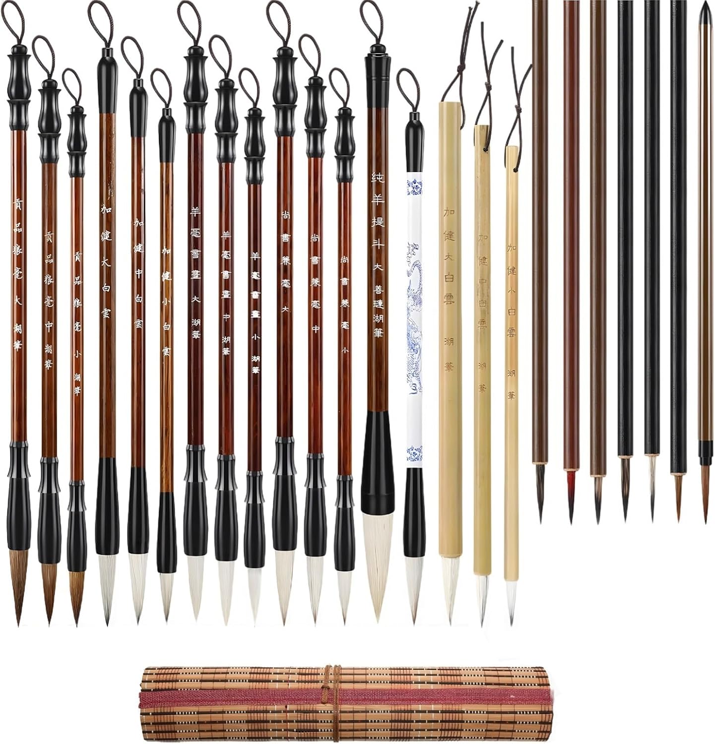 Bamboo and Wood Handles Chinese Calligraphy Brush Set, 24 Pieces, Goat Hair Soft and Tips Mixed, Suitable for Sumi-E Art, Painting, Watercolor, and Writing